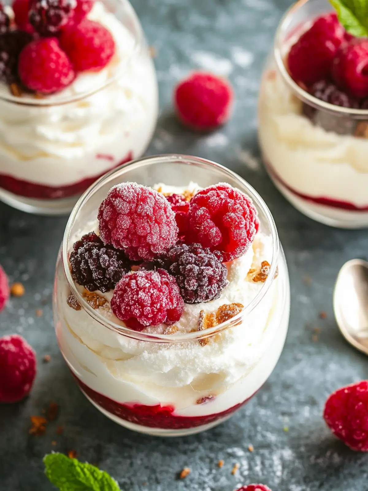 Creamy Mascarpone dessert in a glass with frozen fruits