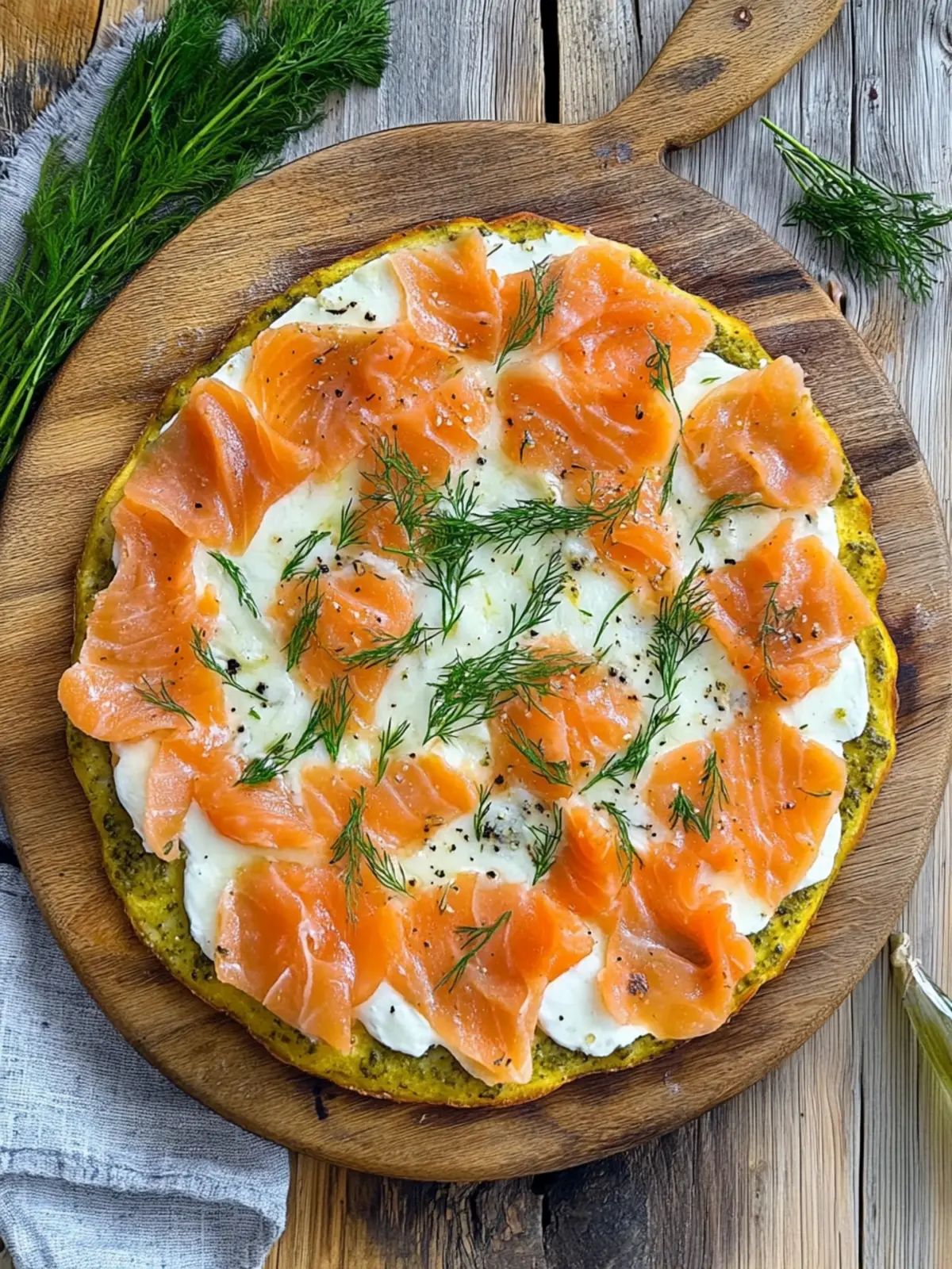 Kartoffelpizza mit geräuchertem Lachs und Kräuterfrischkäse