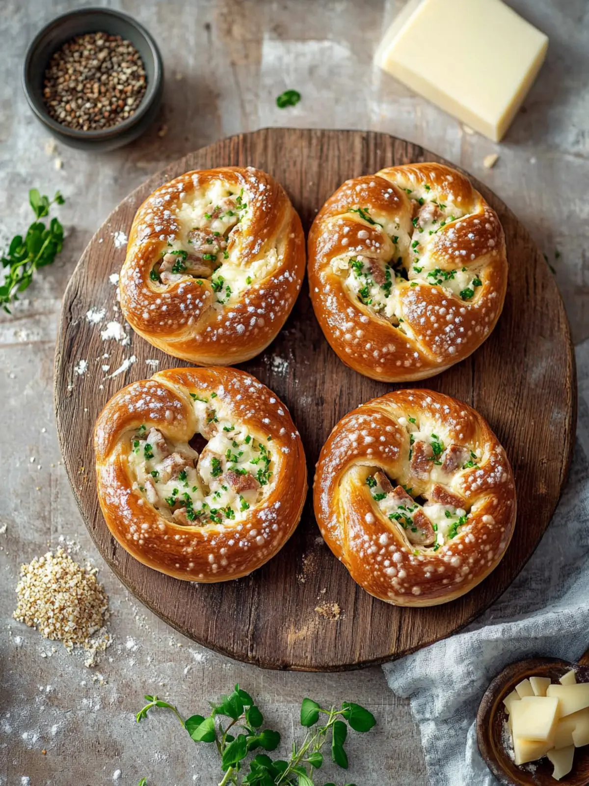 Überbackene Brezeln mit Schinken und Käse