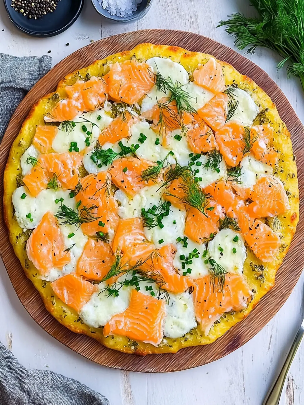 Kartoffelpizza mit geräuchertem Lachs und Kräuterfrischkäse