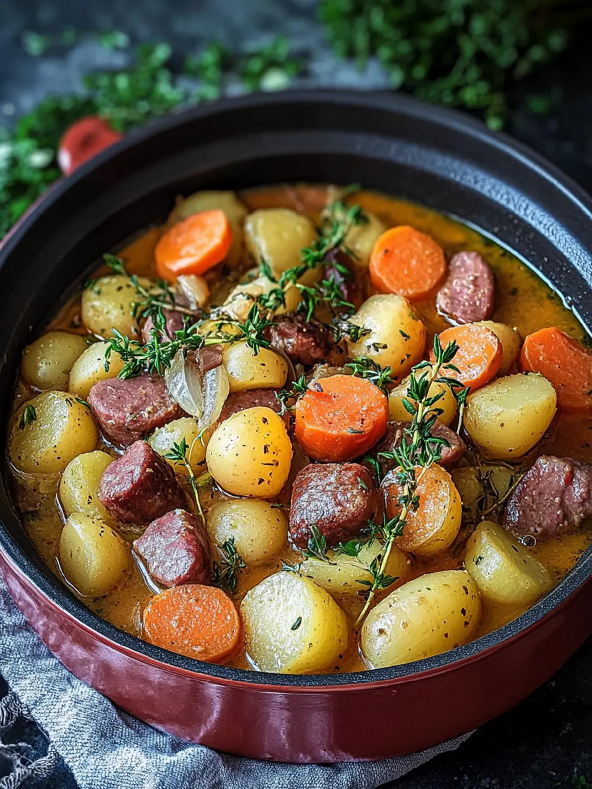 Delicious stew with potatoes & beef sausages - quick to make