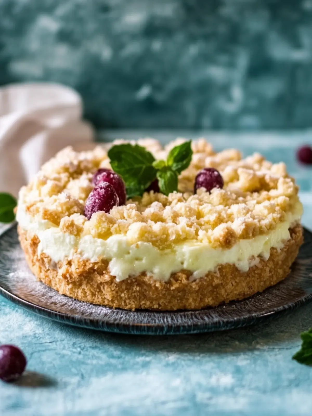 Plum cake with pudding and cinnamon crumbs