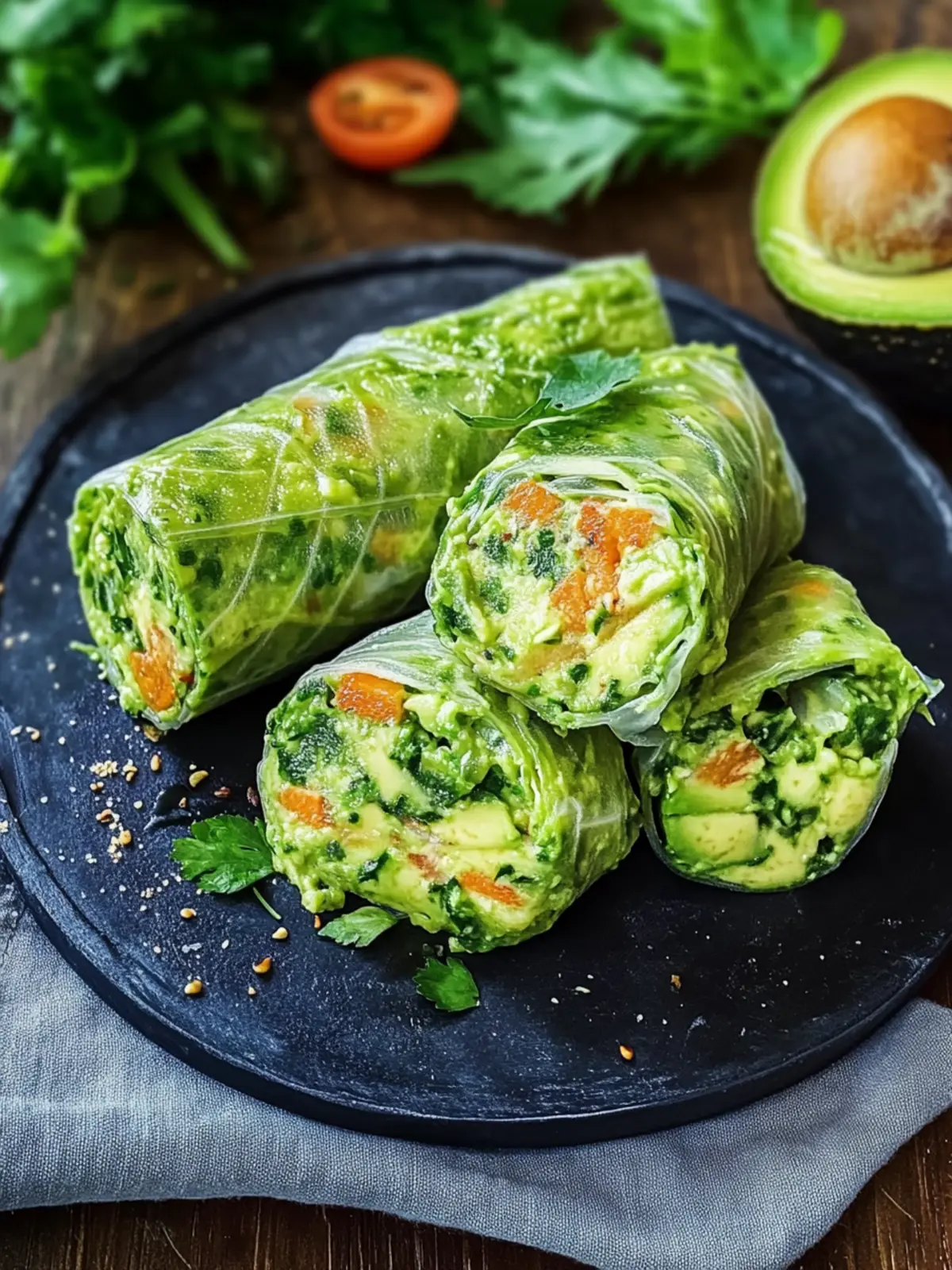 Healthy vegetable roll filled with avocado cream