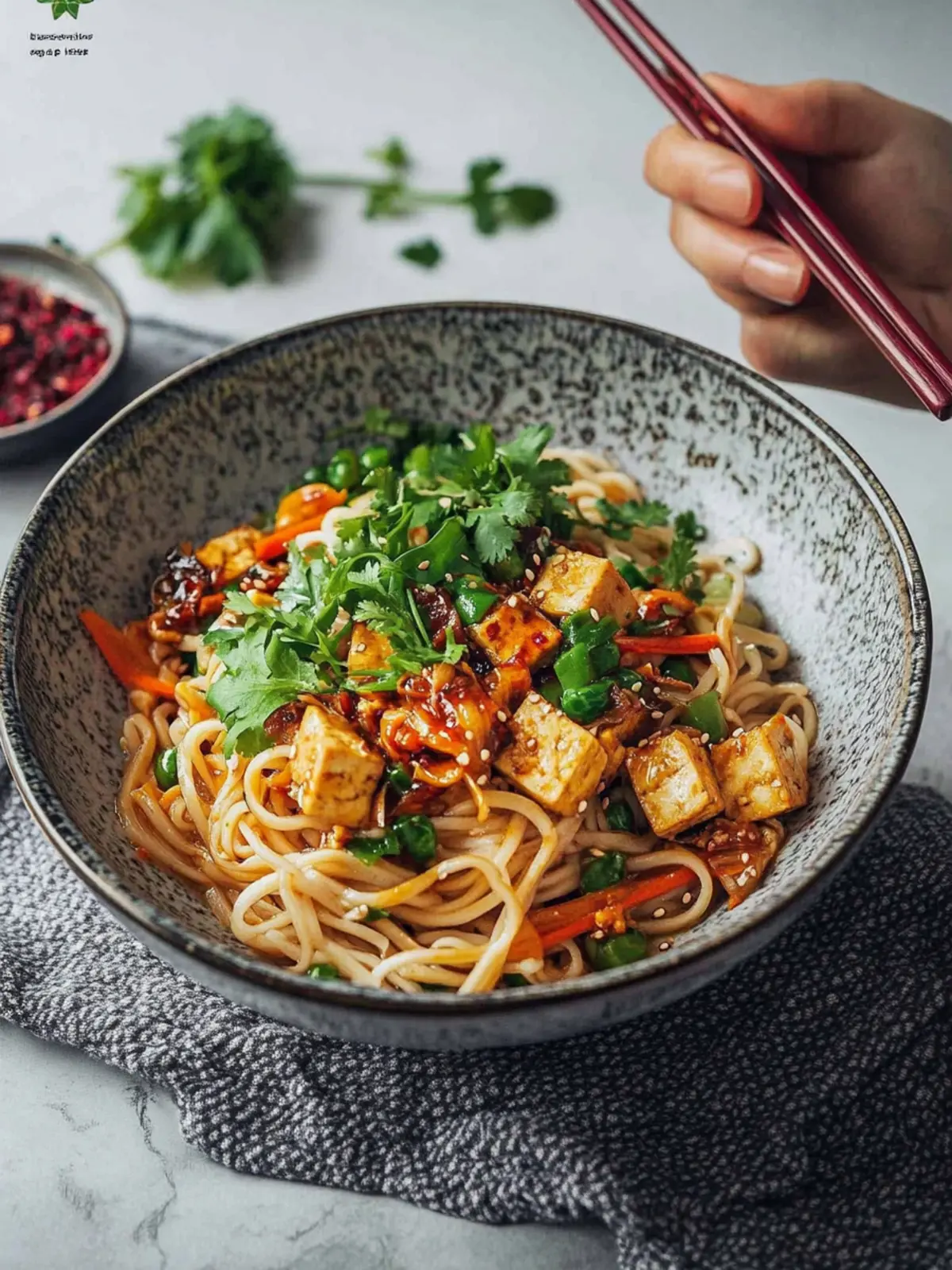 Schnelle Udon-Pfanne mit Gemüse und Tofu
