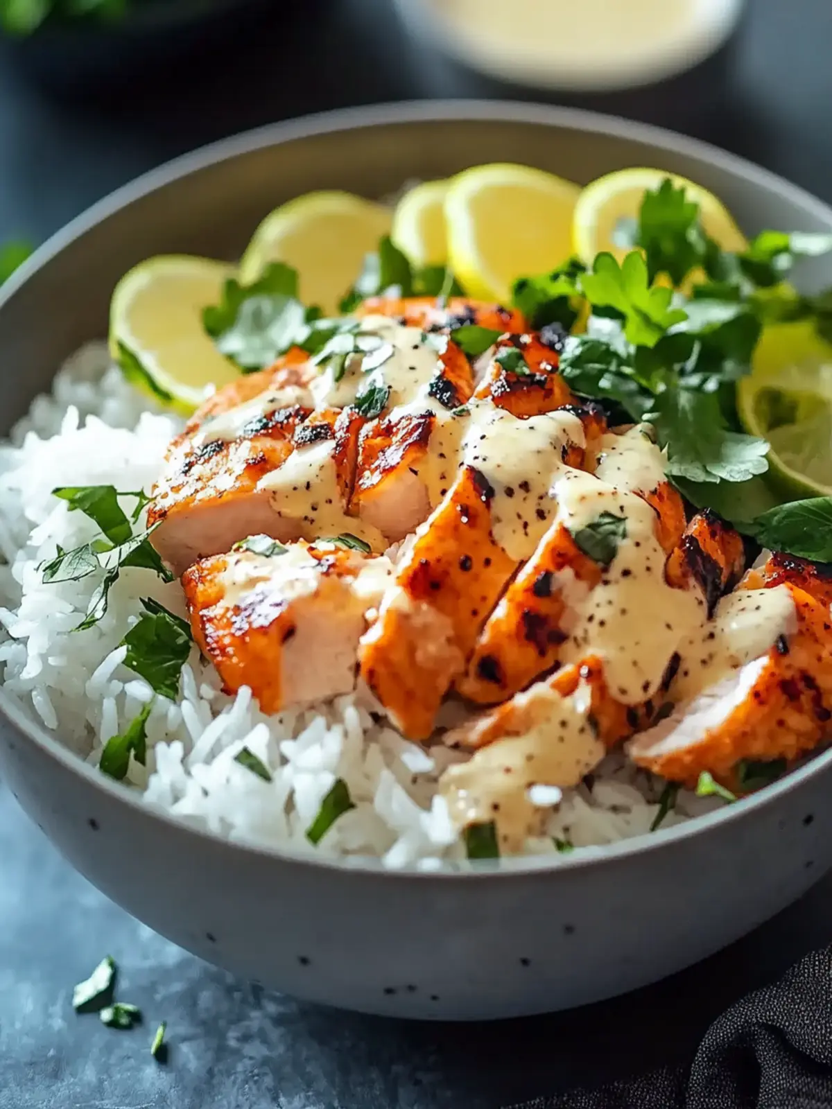 Enjoy Hähnchen-Reis-Bowl with creamy garlic sauce