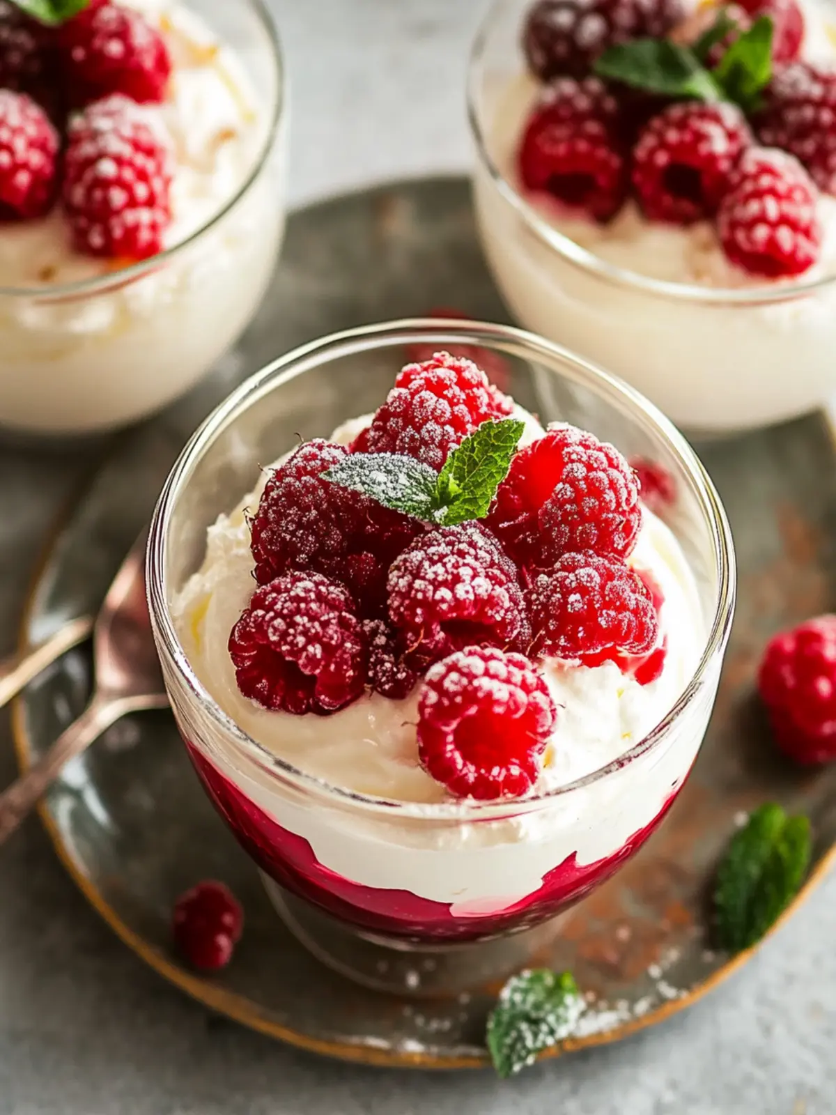 Creamy Mascarpone dessert in a glass with frozen fruits