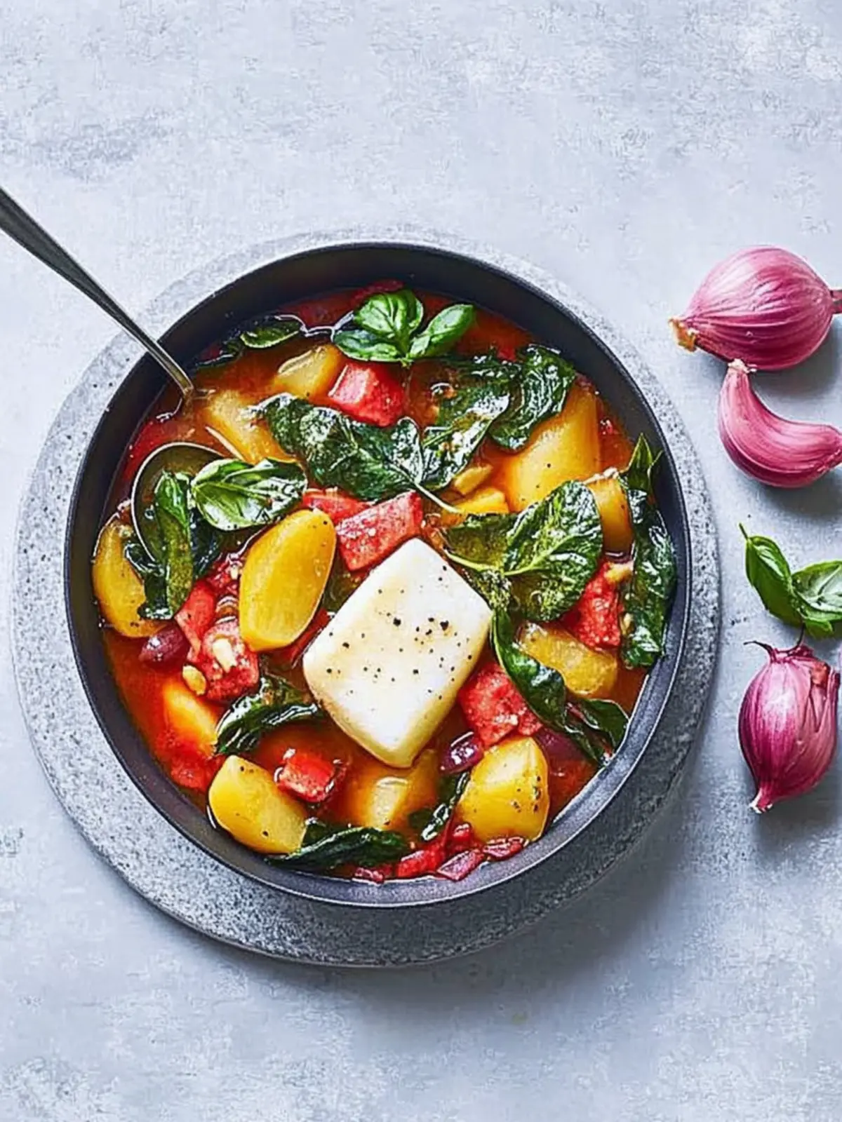 Kabeljau auf Tomaten-Spinat-Kartoffeln