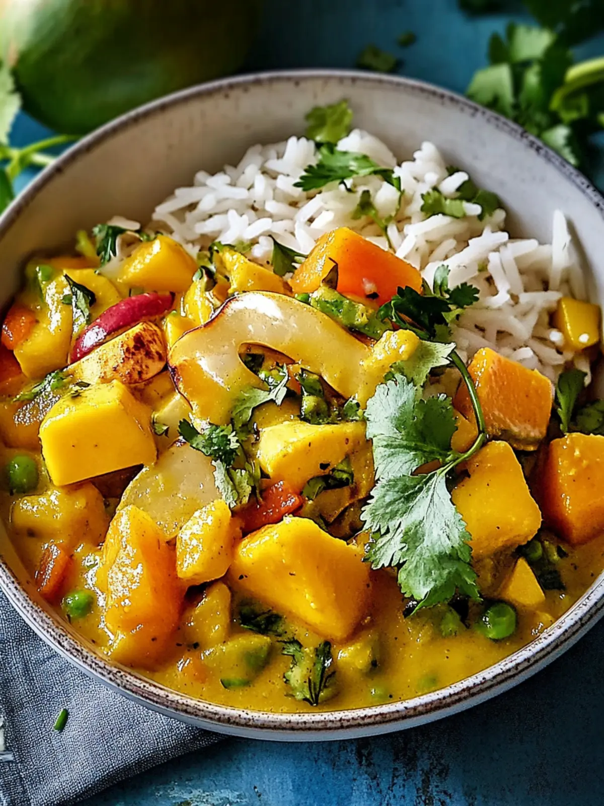 Spitzkohl-Curry mit gebratener Mango