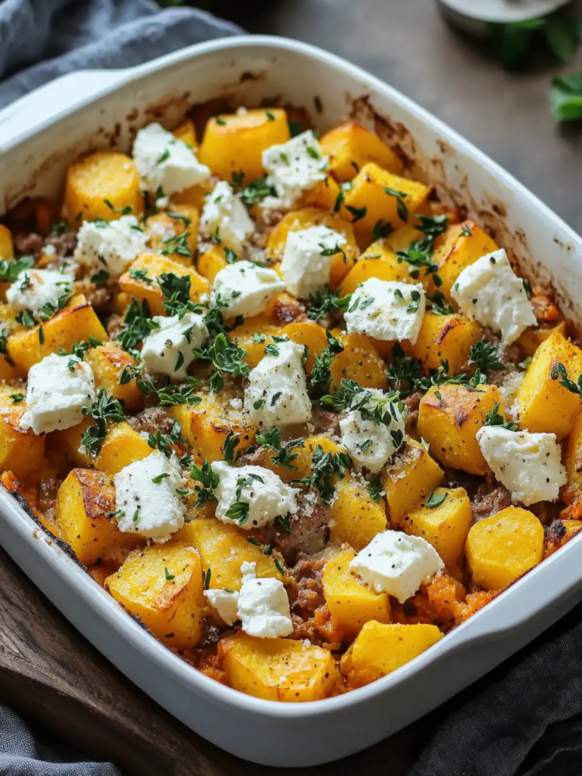 Sweet potato minced meat casserole with feta – hearty & healthy
