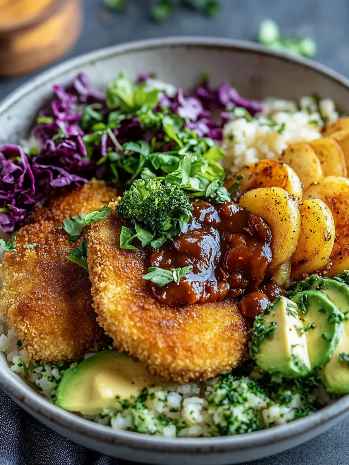 Vegane Schnitzel-Bowl mit Pilzsoße