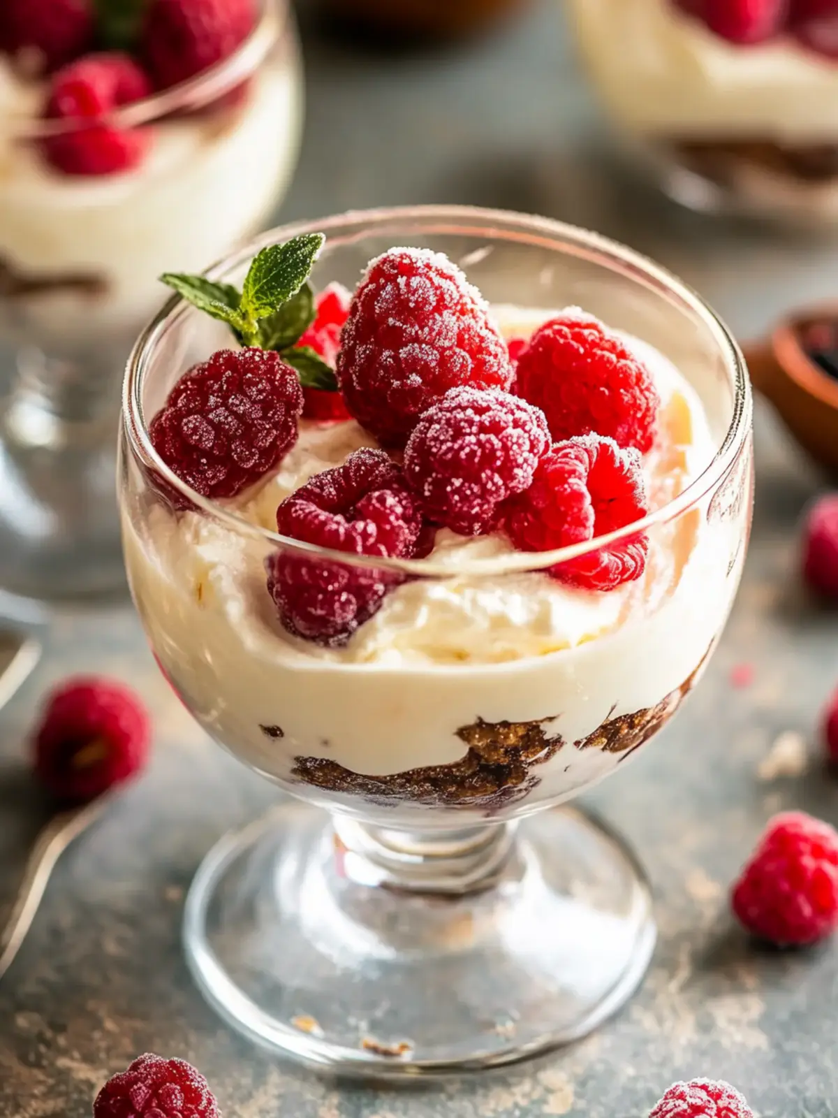 Creamy Mascarpone dessert in a glass with frozen fruits