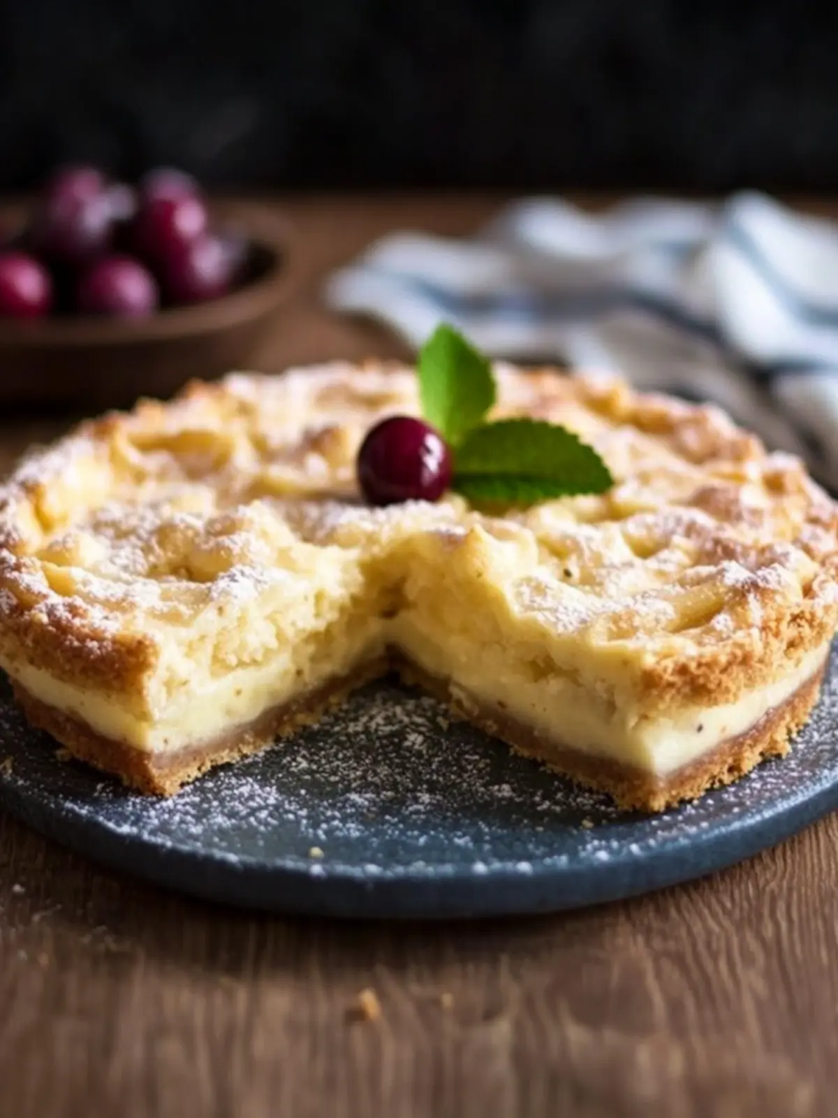 Plum cake with pudding and cinnamon crumbs