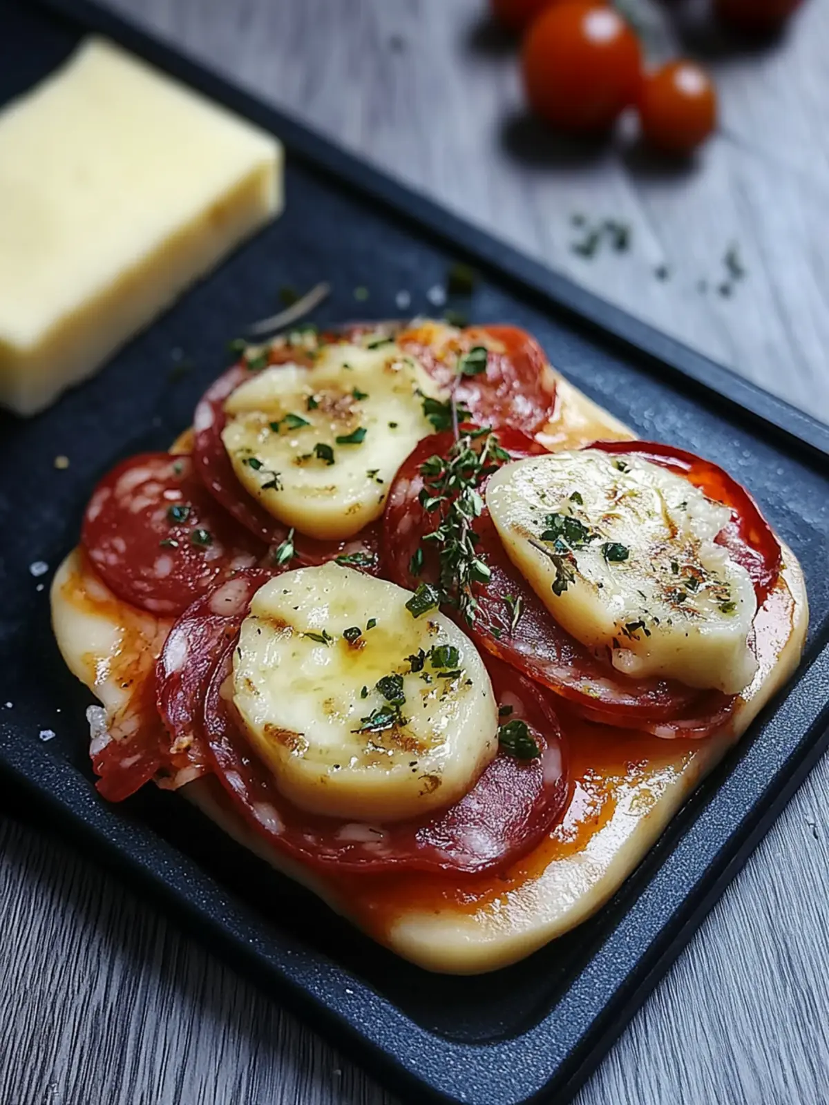 Raclette Pfännchen mit Salami und Tomaten