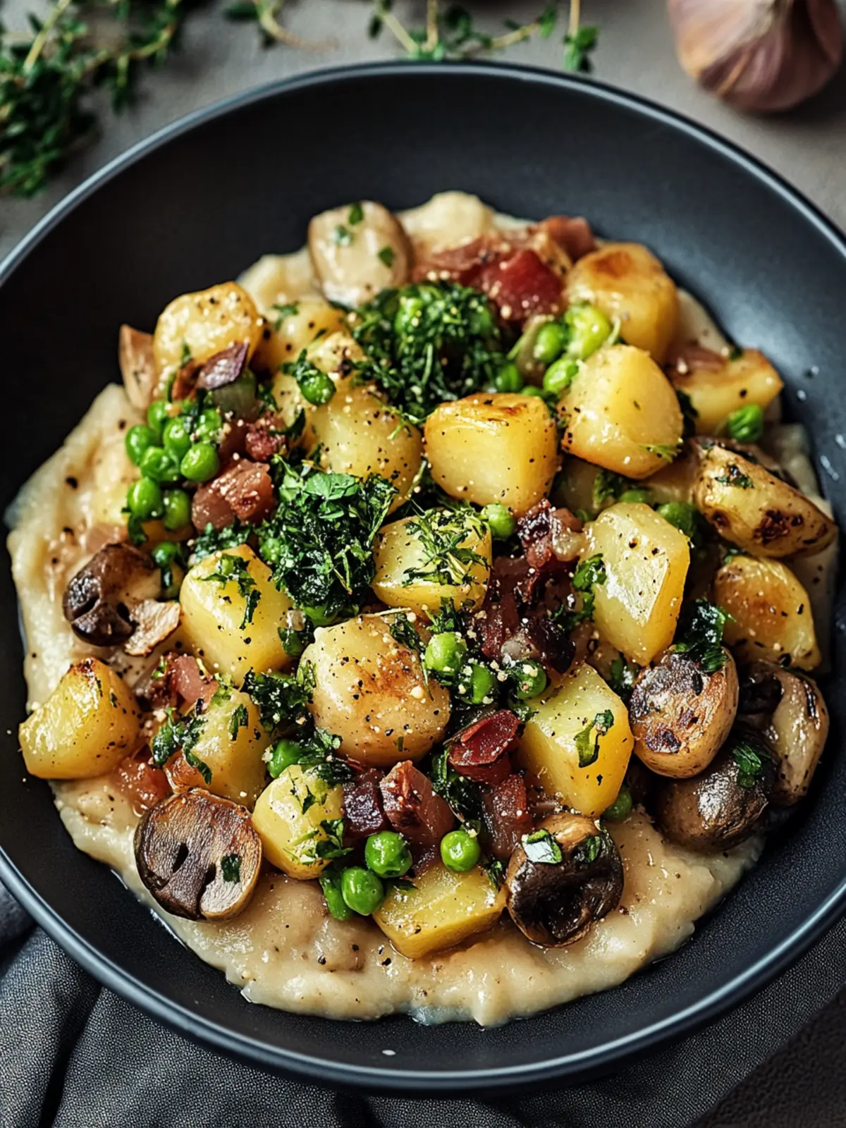 Mushroom pan with Brussels sprouts & mashed potatoes