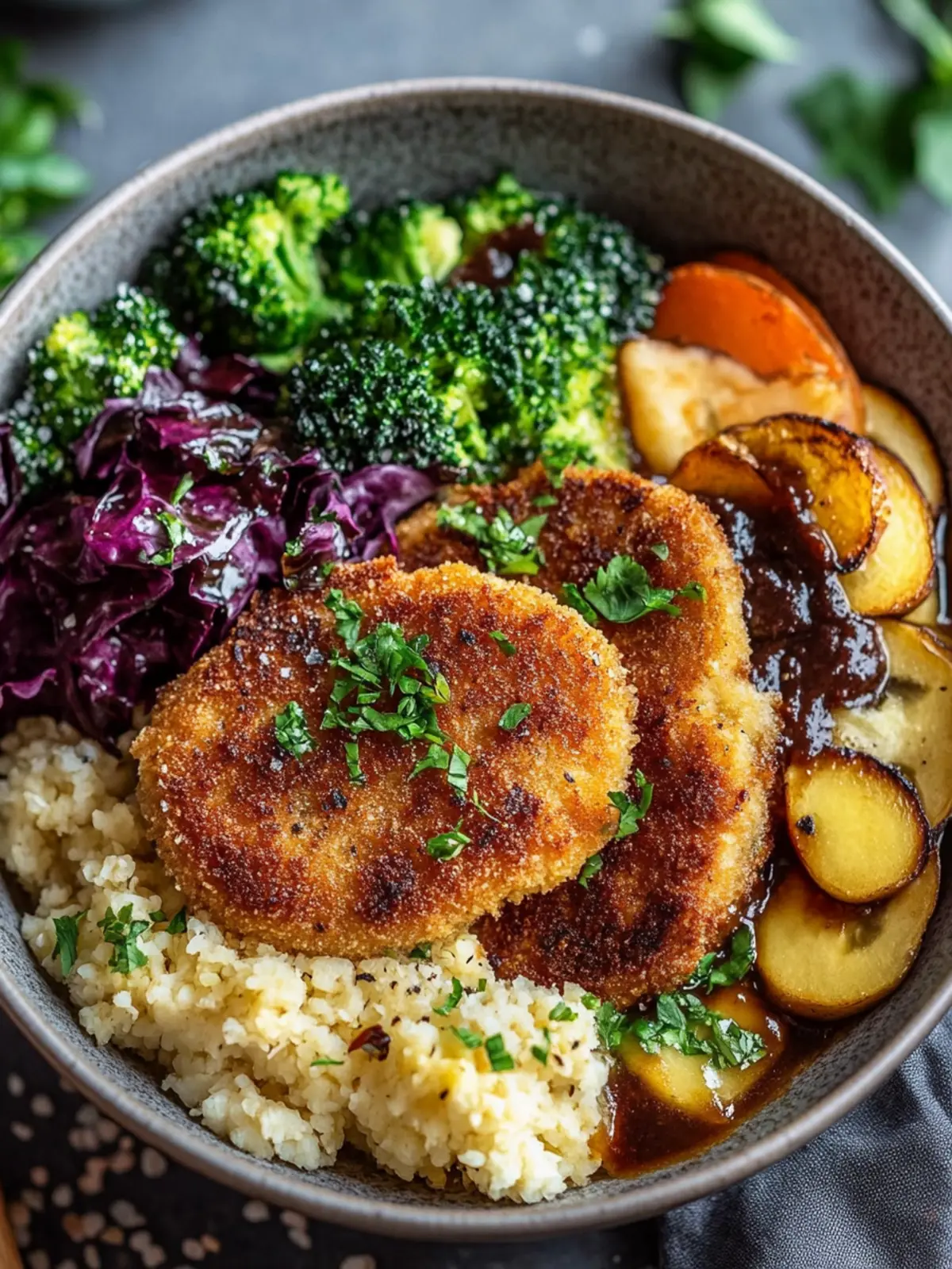 Vegane Schnitzel-Bowl mit Pilzsoße