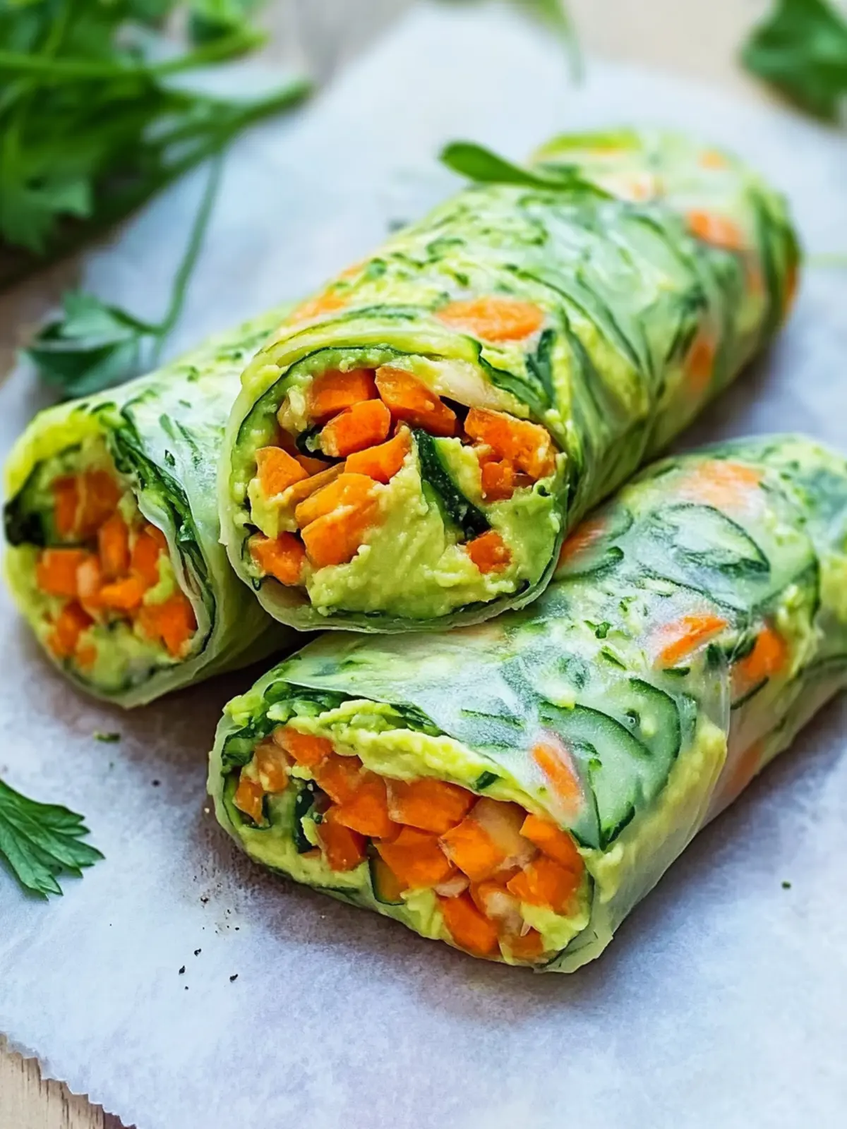 Healthy vegetable roll filled with avocado cream