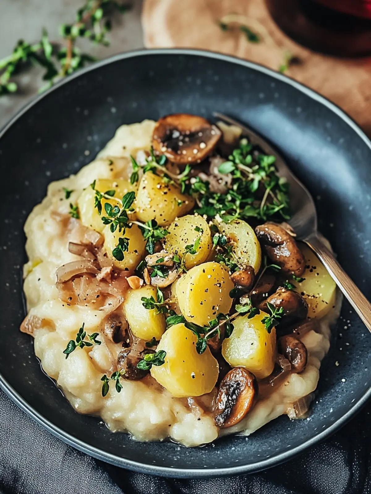 Mushroom pan with Brussels sprouts & mashed potatoes