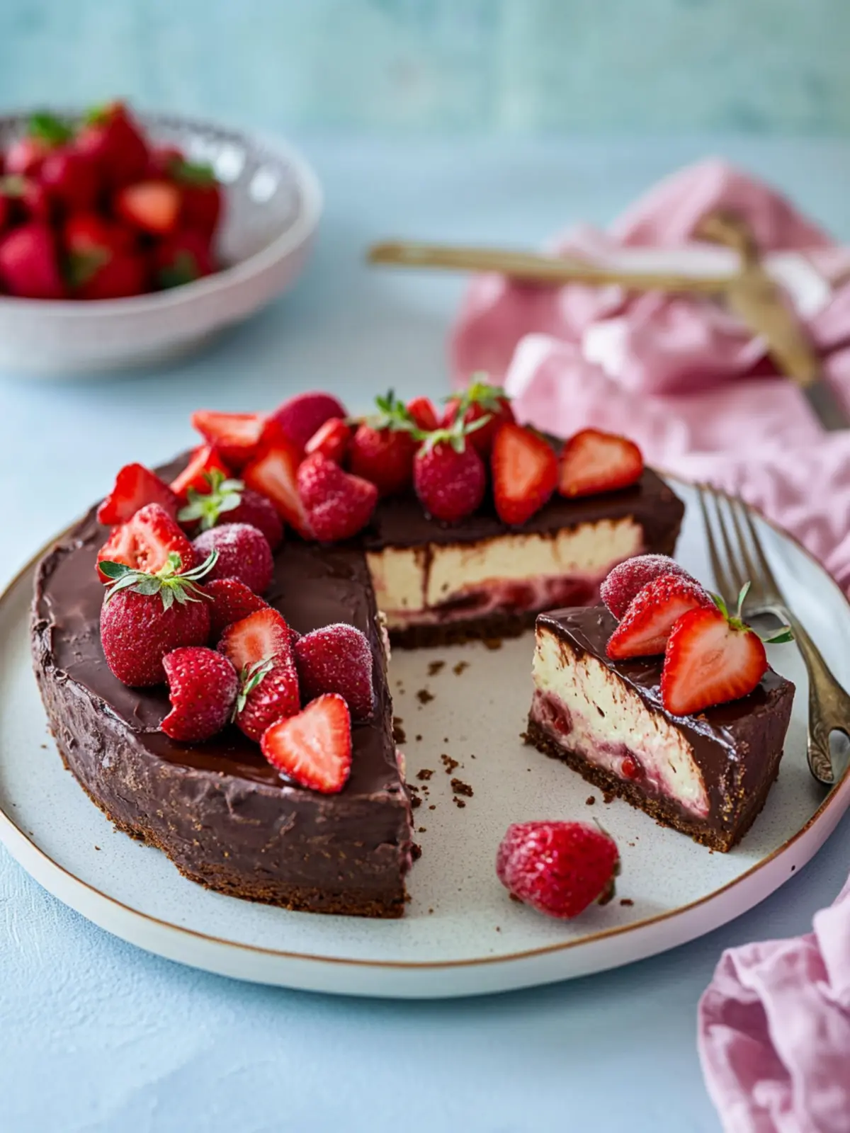 Creamy chocolate cheesecake with strawberries, without base for Valentine's Day