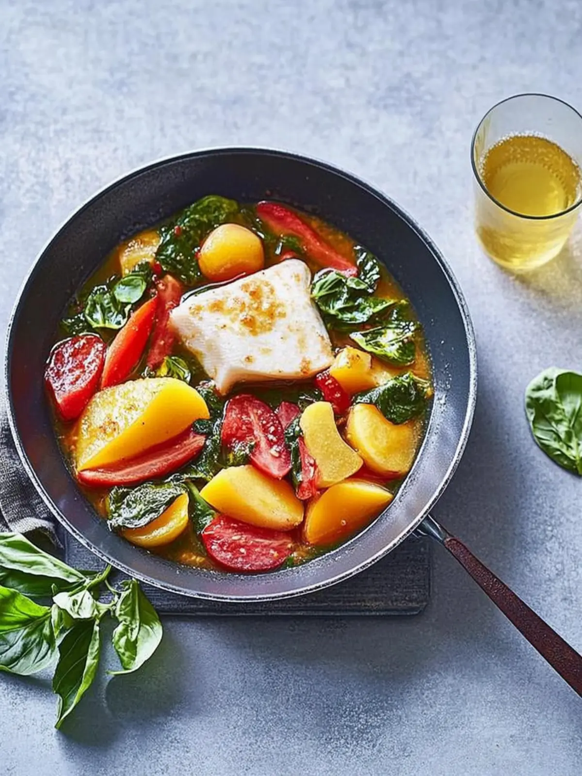 Kabeljau auf Tomaten-Spinat-Kartoffeln