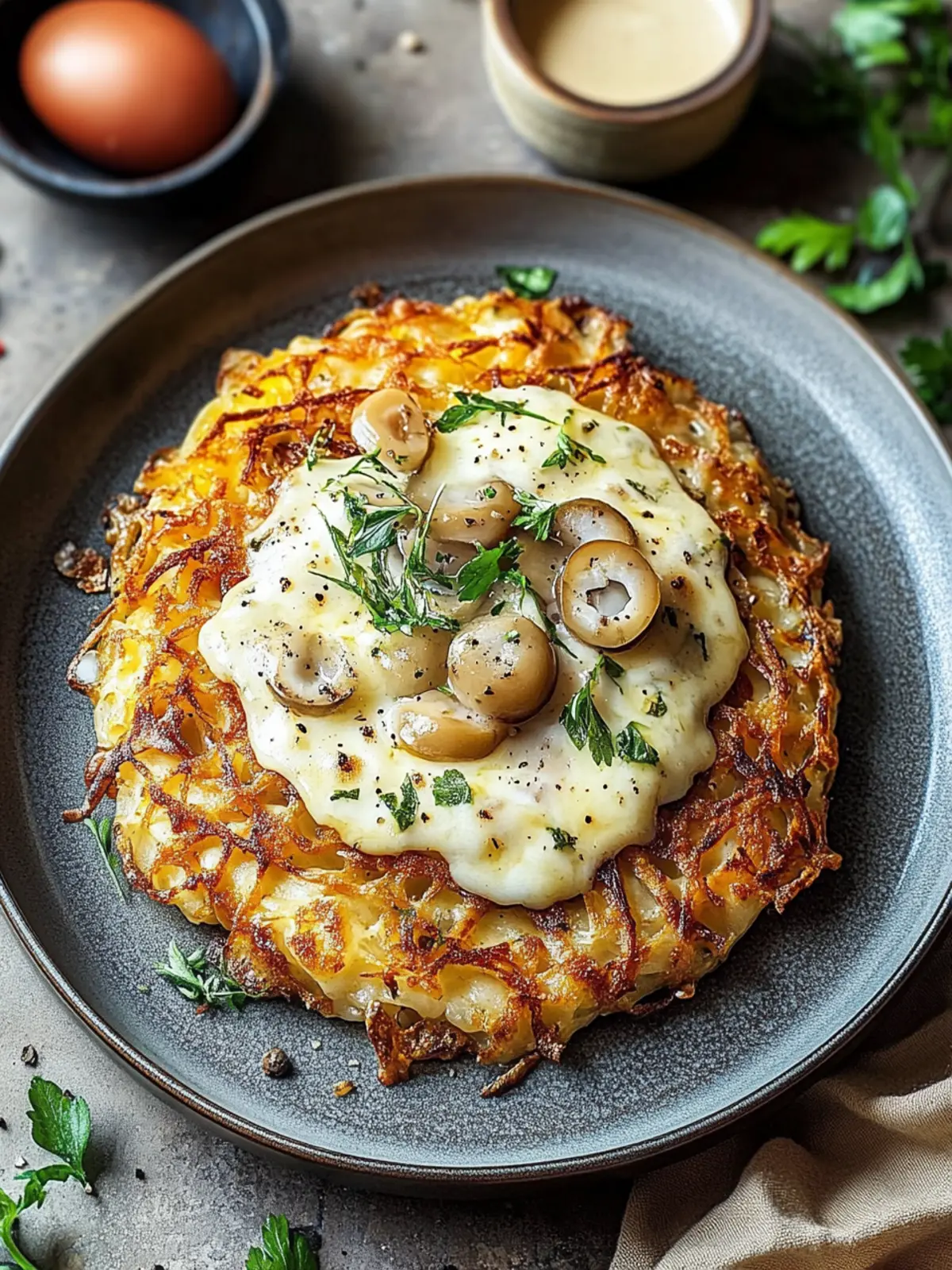 Mozzarella-Rösti mit Zwiebel-Pilzrahmsauce entdecken