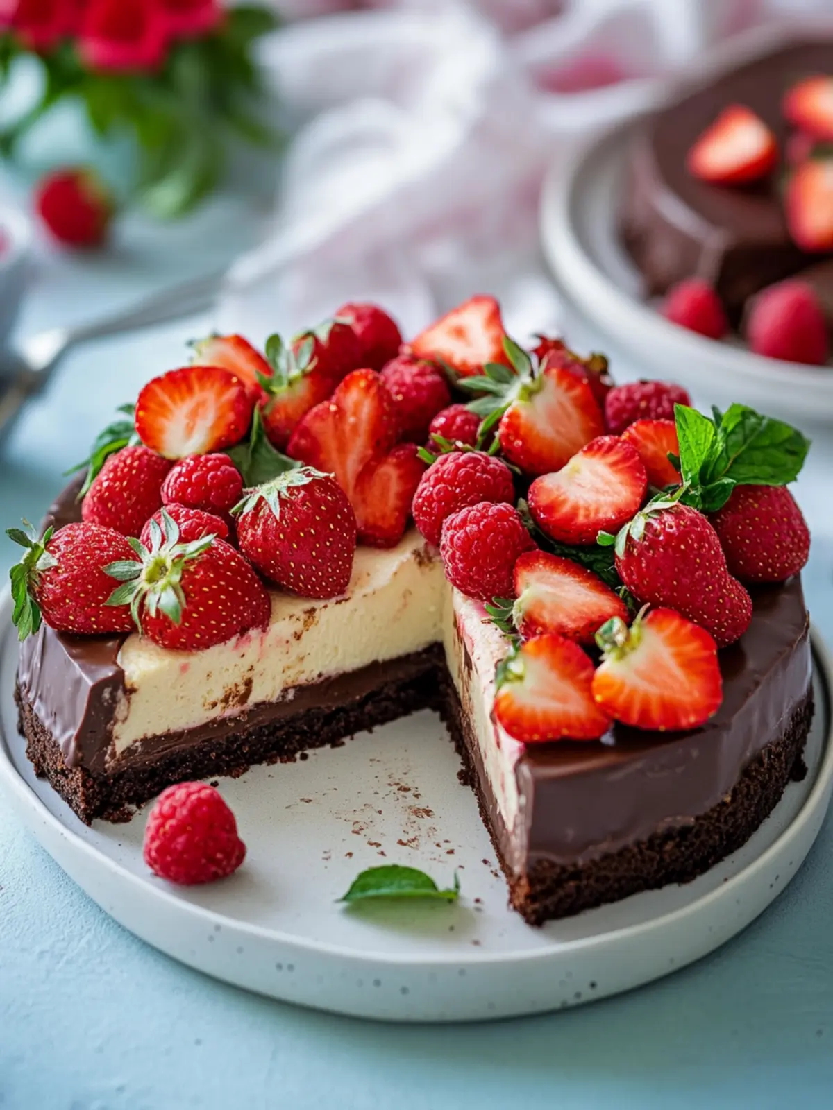 Creamy chocolate cheesecake with strawberries, without base for Valentine's Day