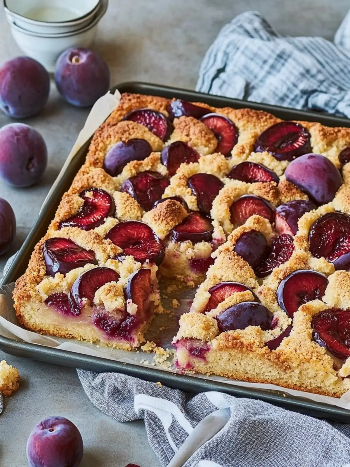 Plum cake with crumb topping from the tray – quick & easy