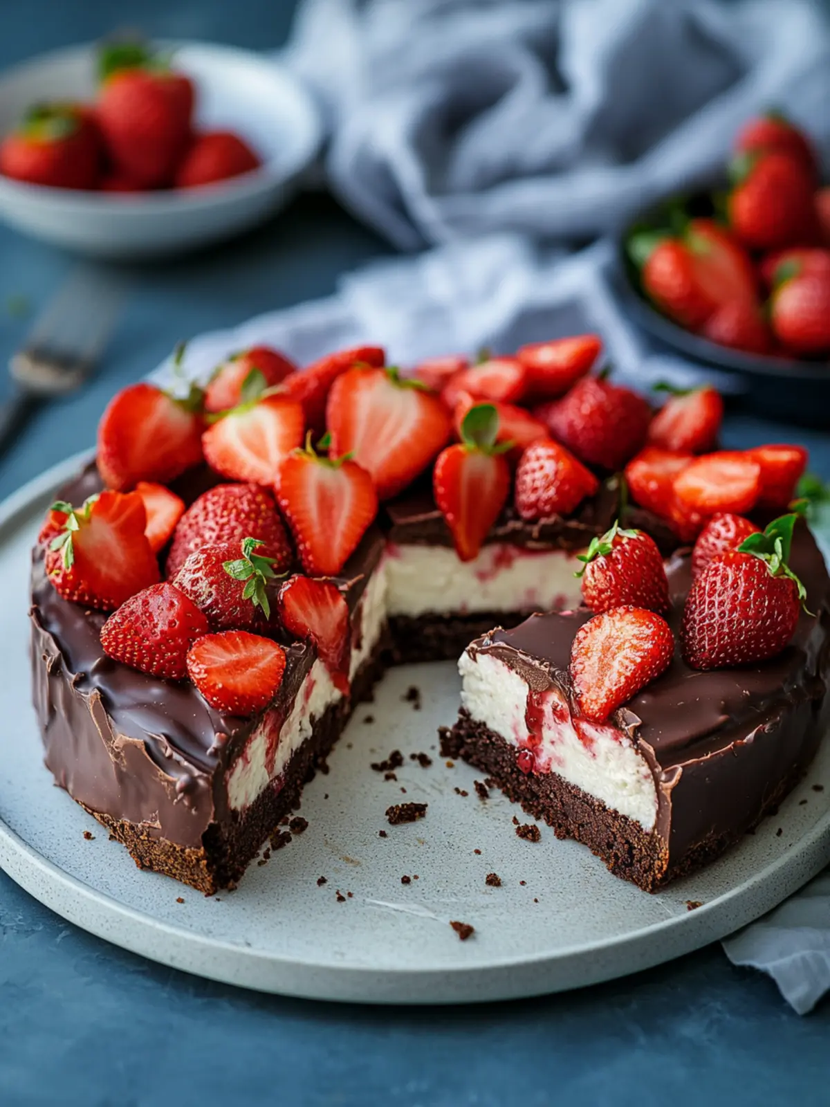 Creamy chocolate cheesecake with strawberries, without base for Valentine's Day