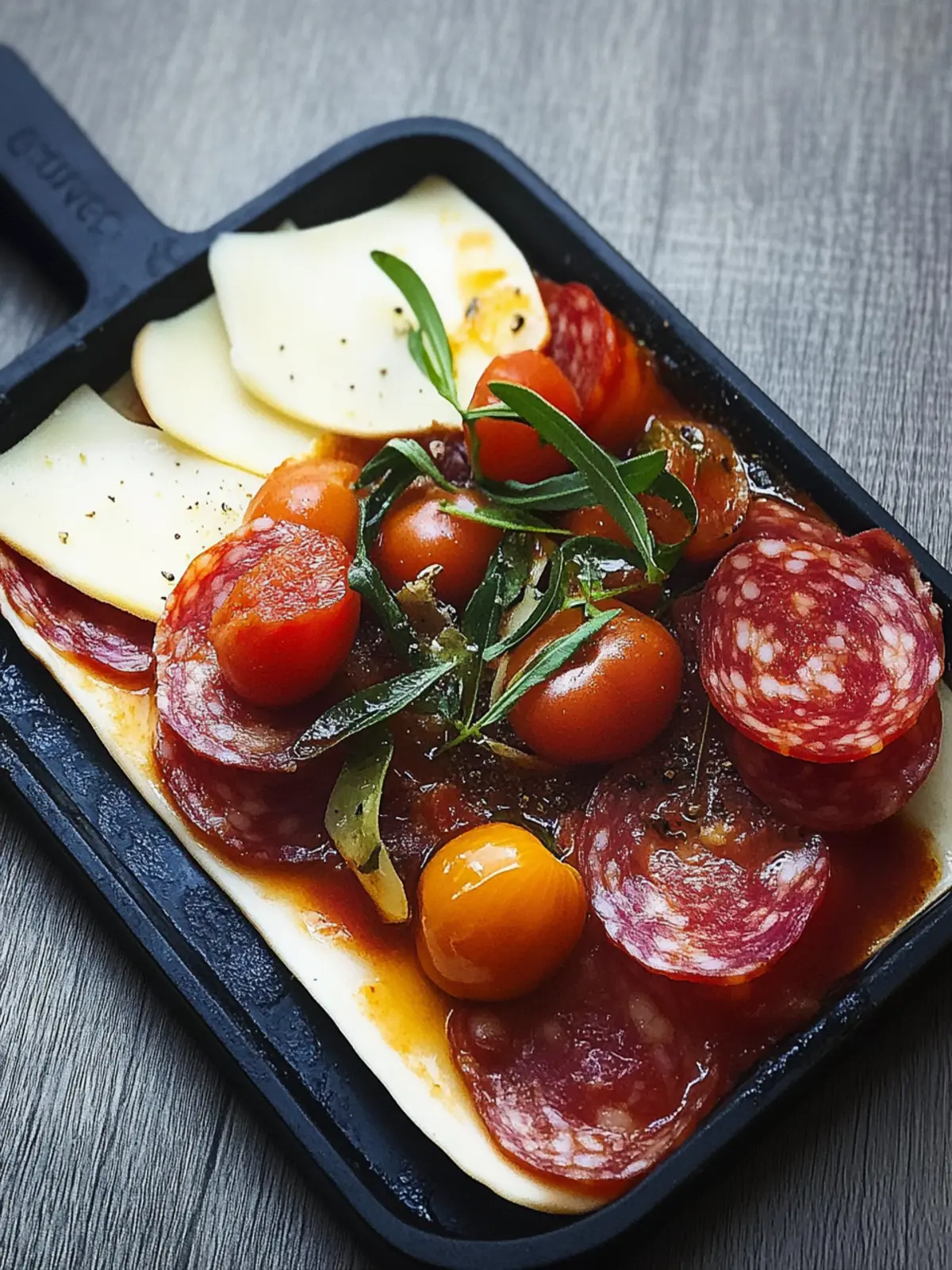 Raclette Pfännchen mit Salami und Tomaten