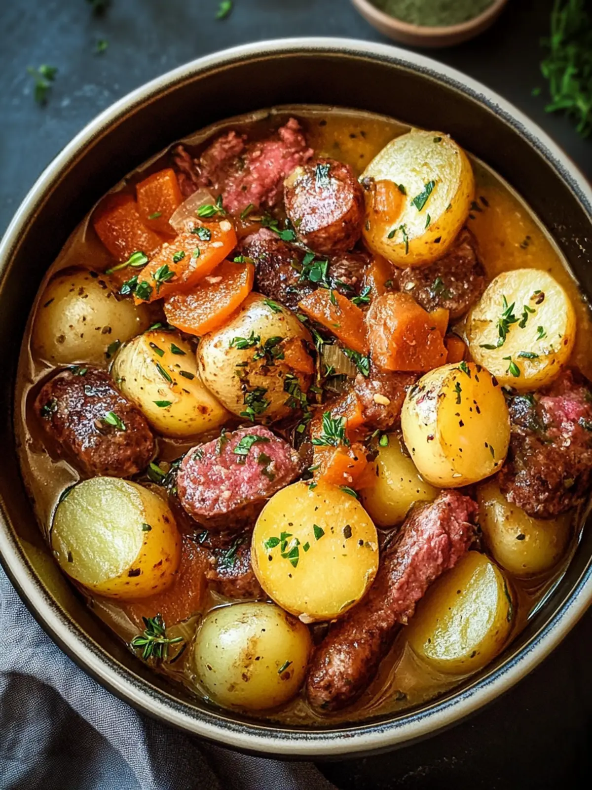 Delicious stew with potatoes & beef sausages - quick to make