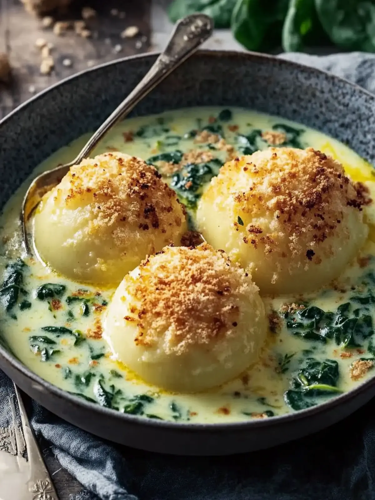 Potato dumplings with spinach cheese sauce – savory & creamy