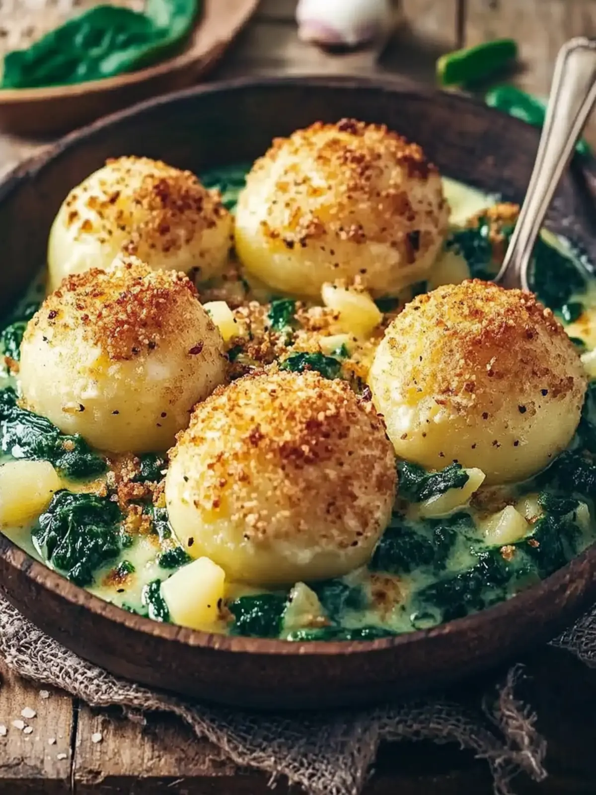 Potato dumplings with spinach cheese sauce – savory & creamy