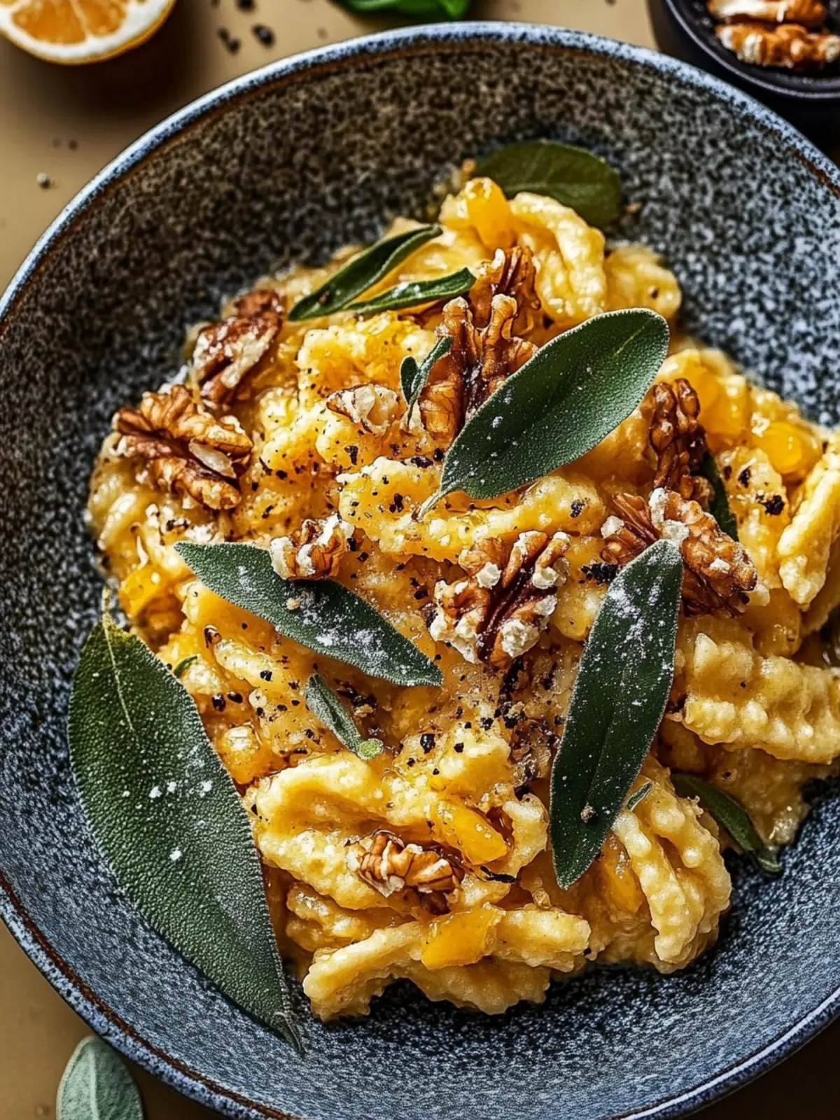 Kürbis-Spätzle mit Walnüssen und Salbei