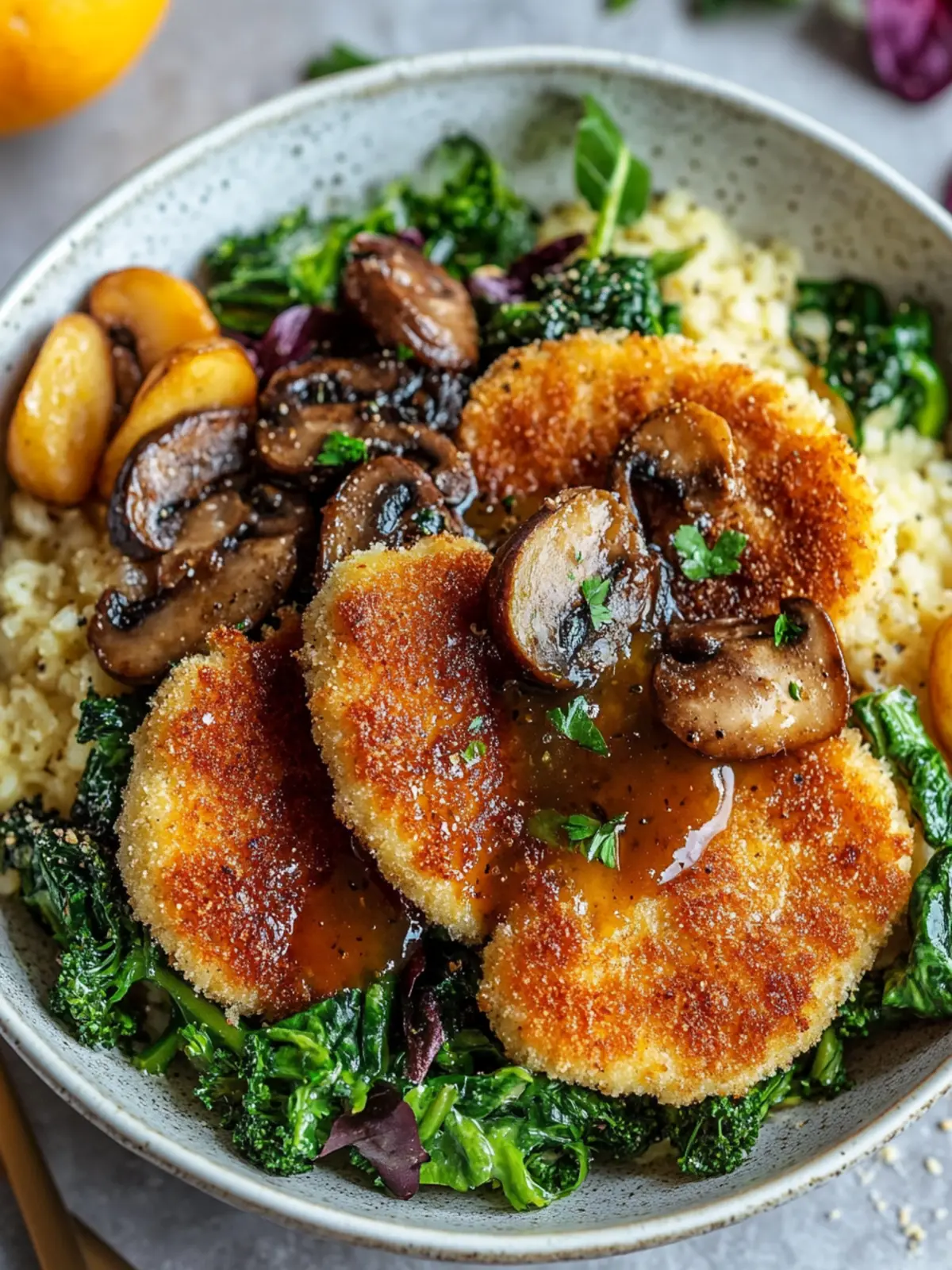 Vegane Schnitzel-Bowl mit Pilzsoße