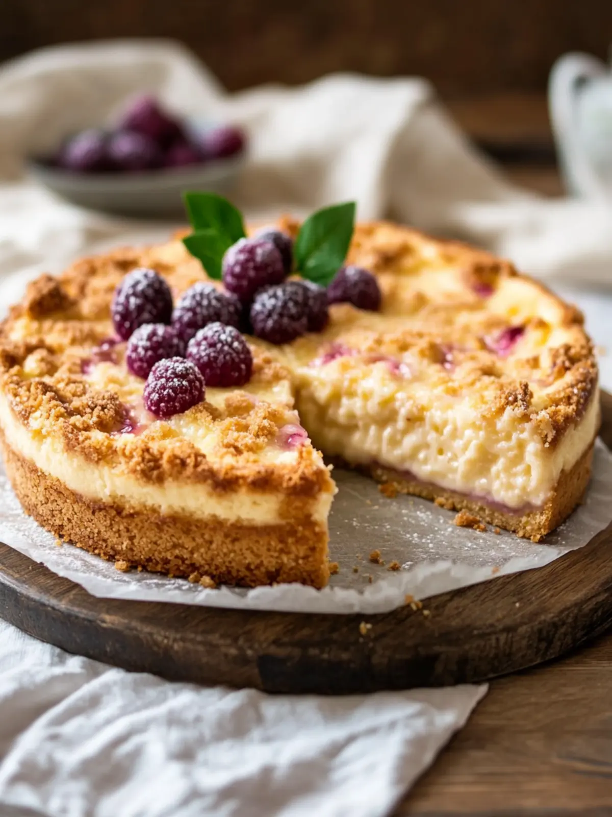 Plum cake with pudding and cinnamon crumbs