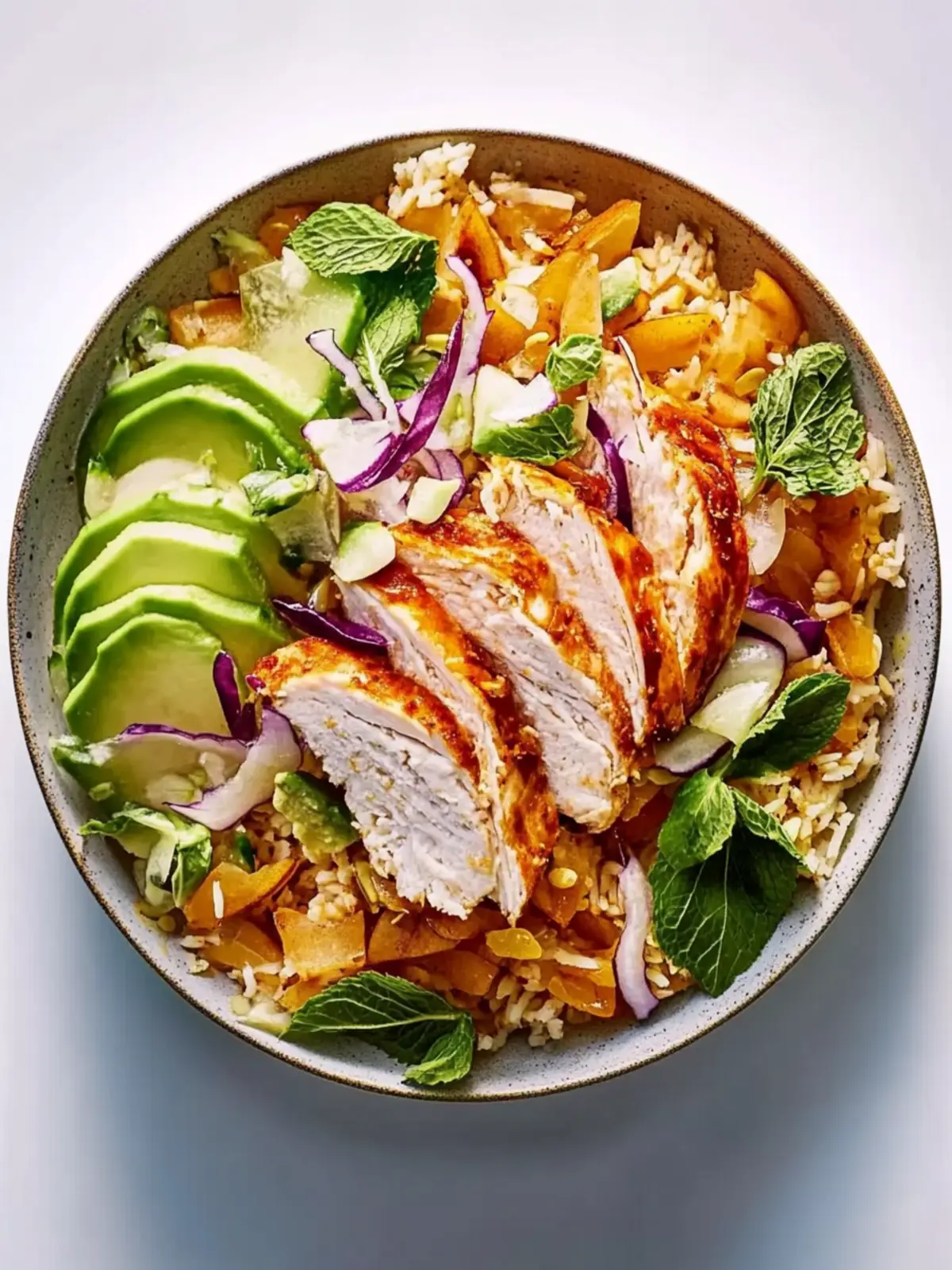 Rote Curry-Hühnchen-Reis-Schüsseln