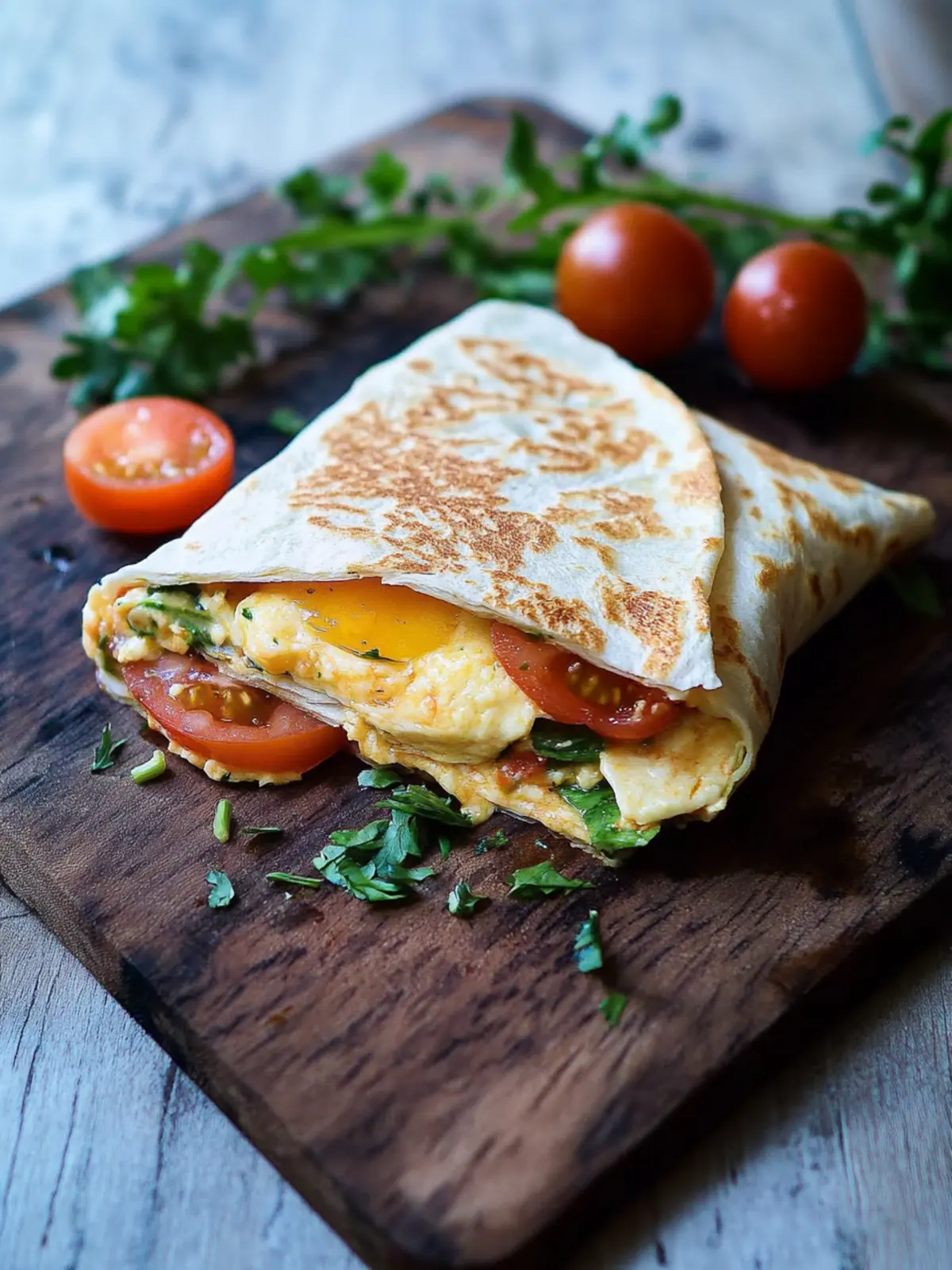 Frühstückswrap mit Ei, Käse und Tomaten