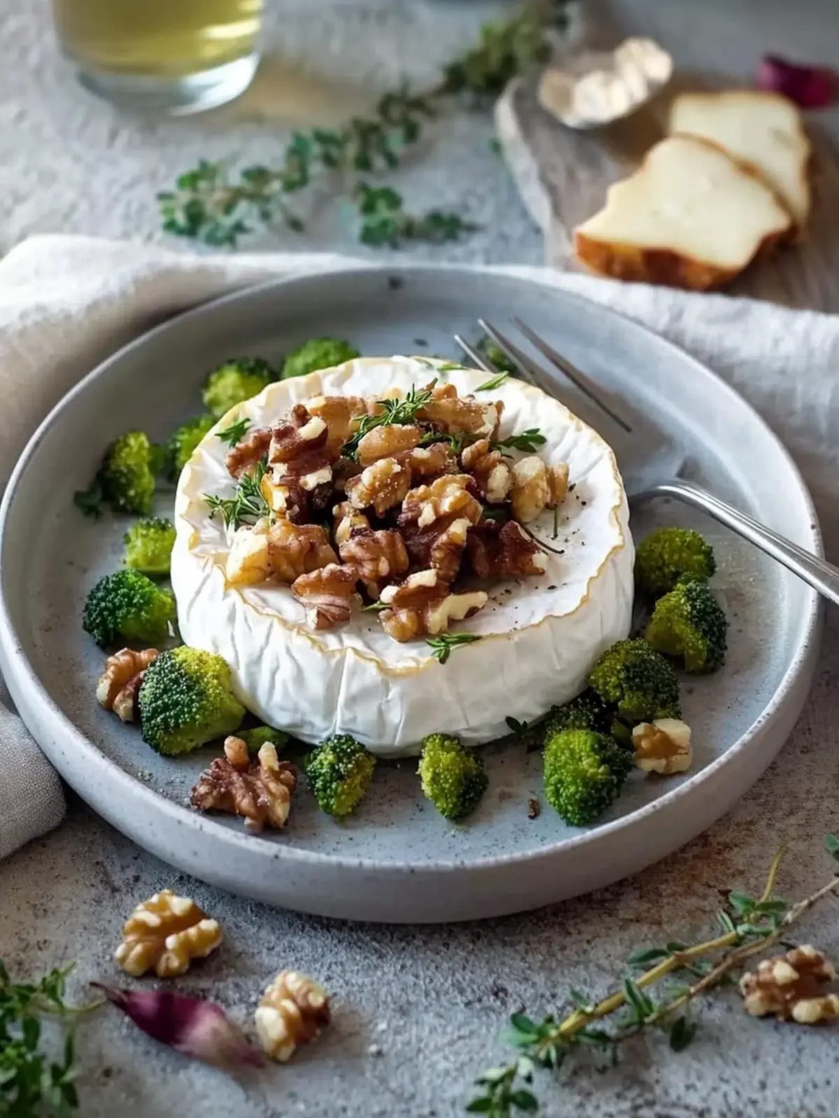 Camembert with walnuts and Brussels sprouts vegetables