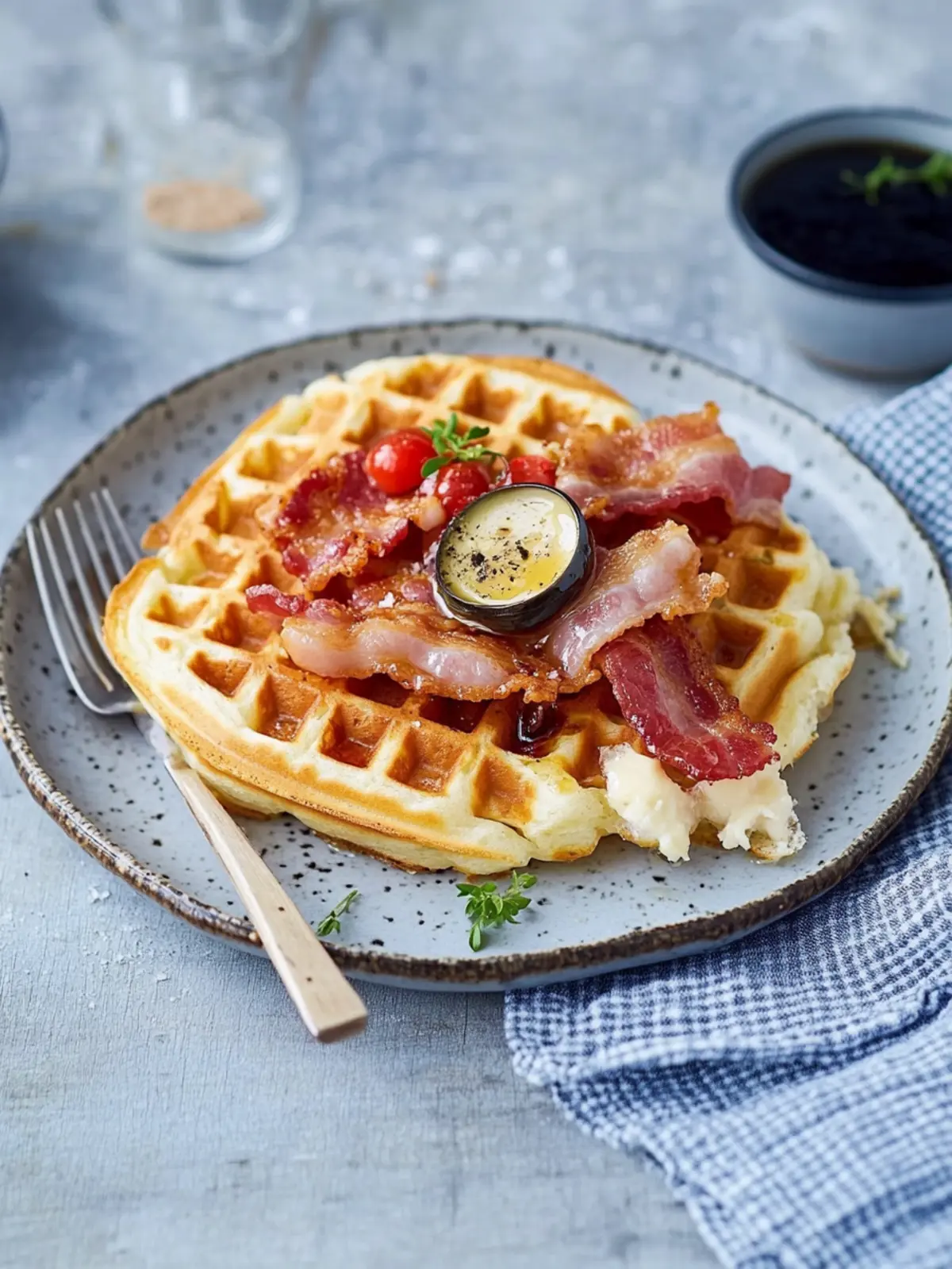 Herzhafte Waffeln mit Spiegelei und Bacon