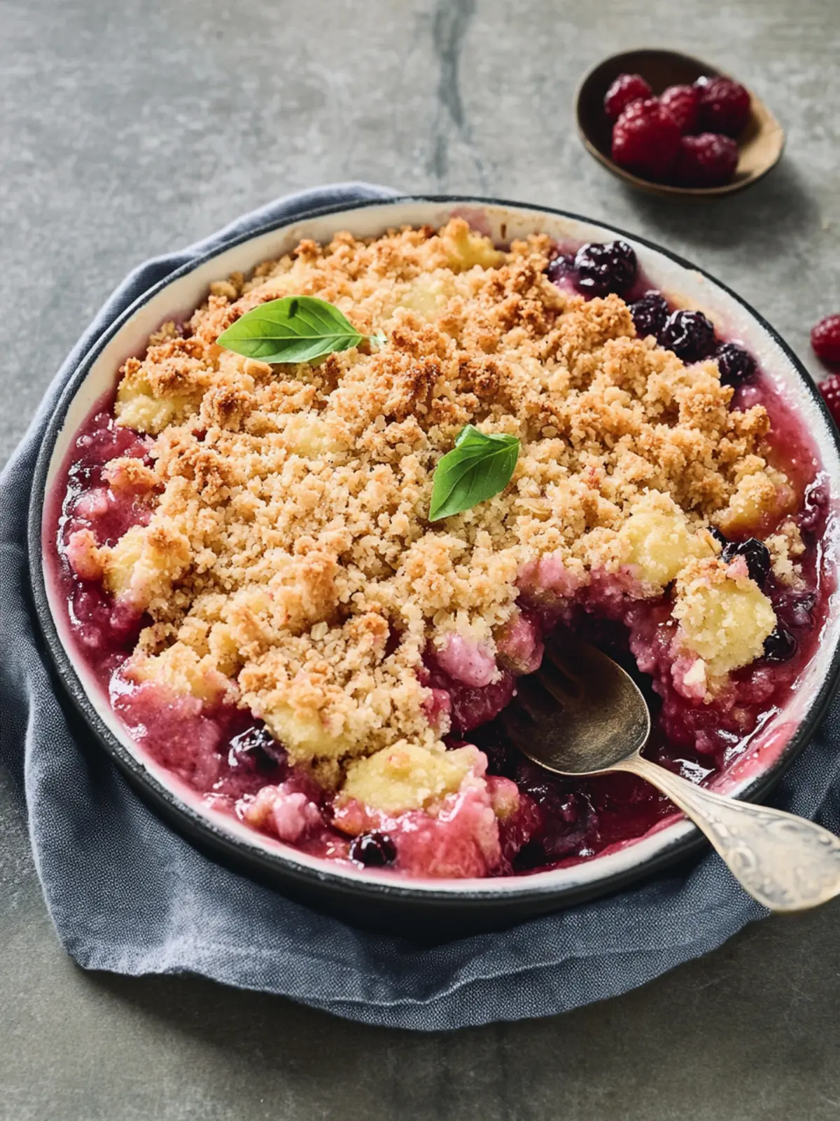 In nur 3 Arbeitsschritten: Dieses Rezept für Pflaumen-Crumble ist einfach, lecker und schnell zubereitet