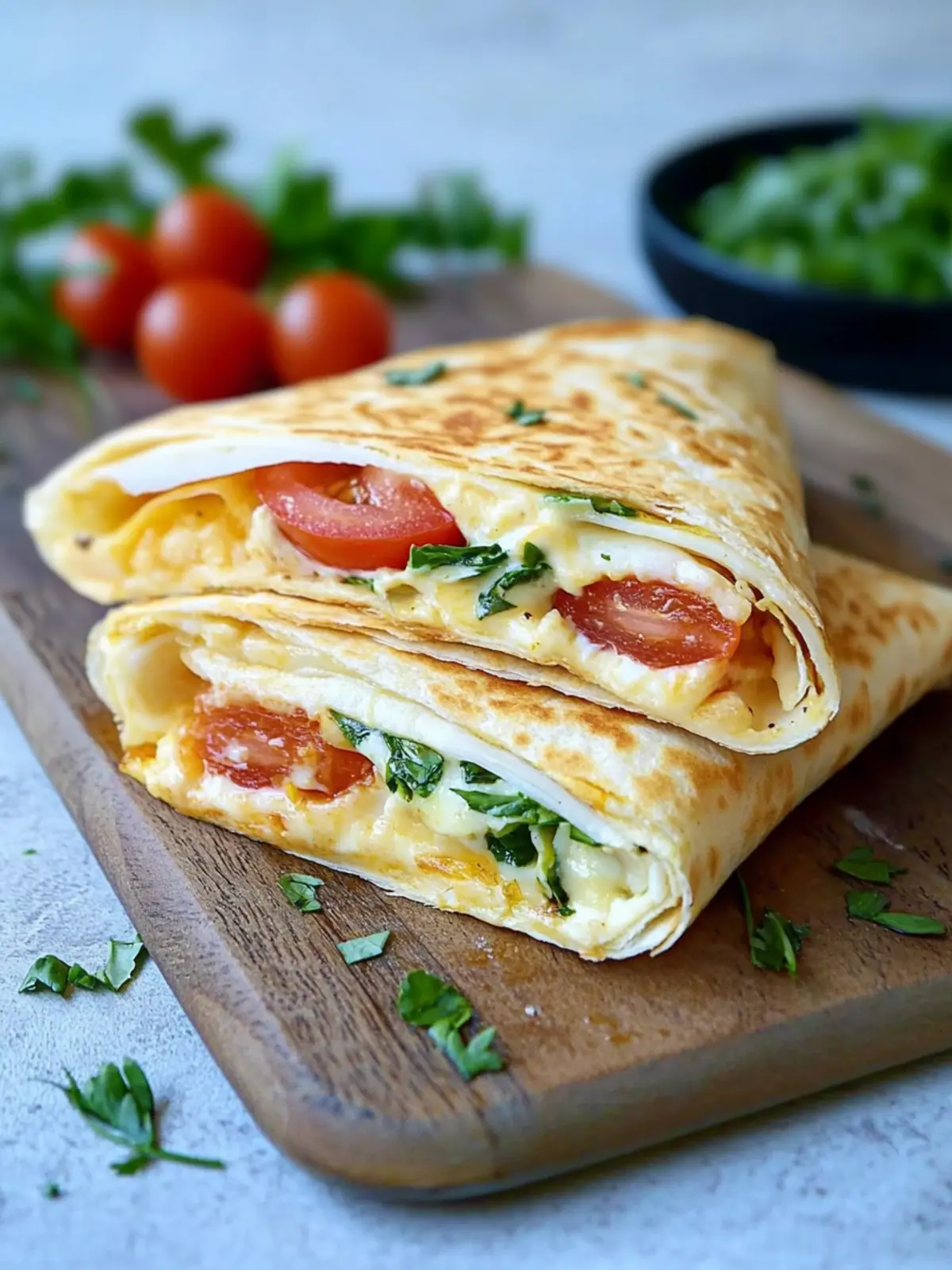 Frühstückswrap mit Ei, Käse und Tomaten