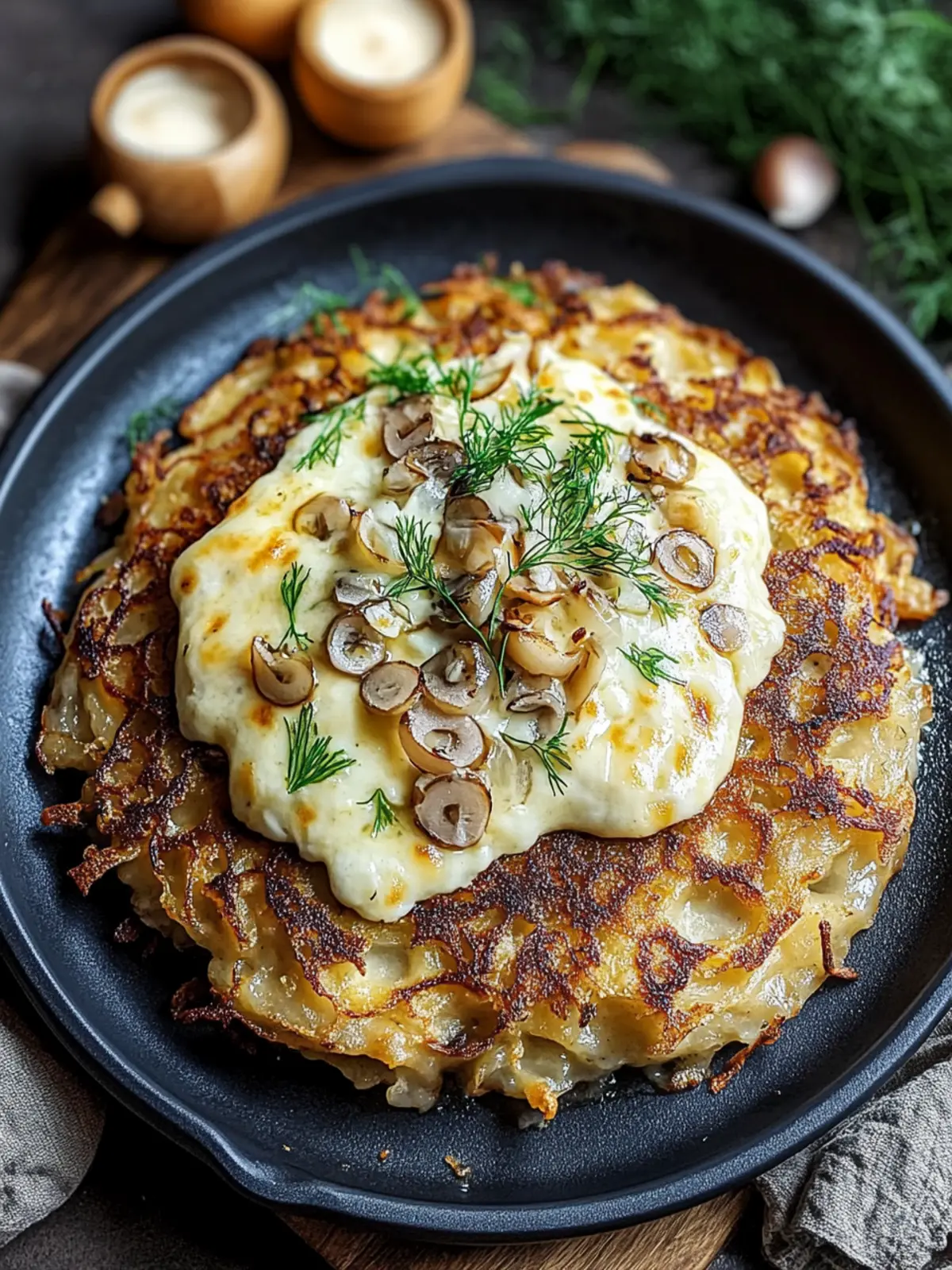Entdecken Sie Mozzarella-Rösti mit Zwiebel-Pilzrahmsauce