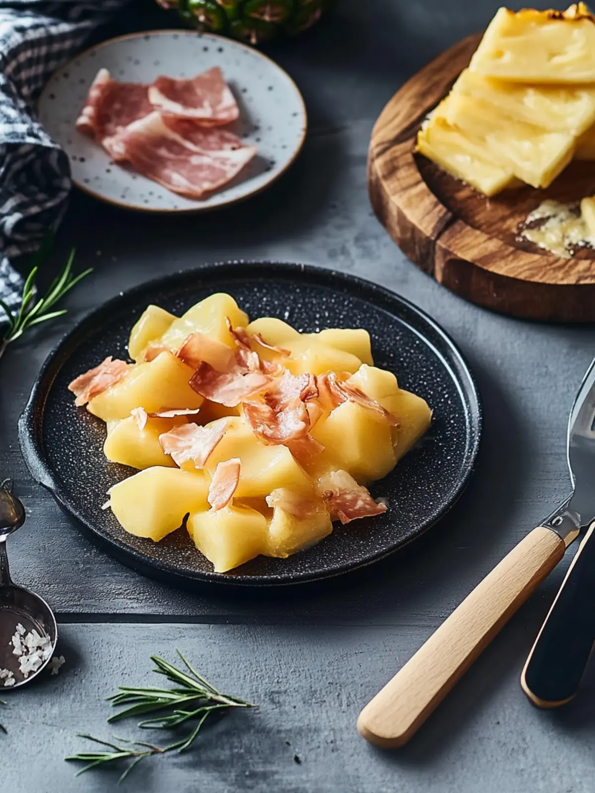 Raclette pans with shrimp and pineapple