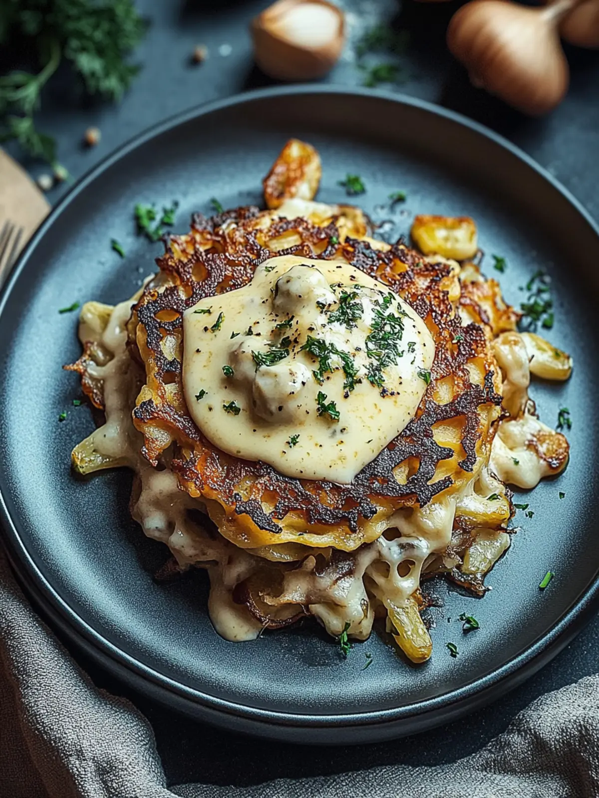 Entdecken Sie Mozzarella-Rösti mit Zwiebel-Pilzrahmsauce