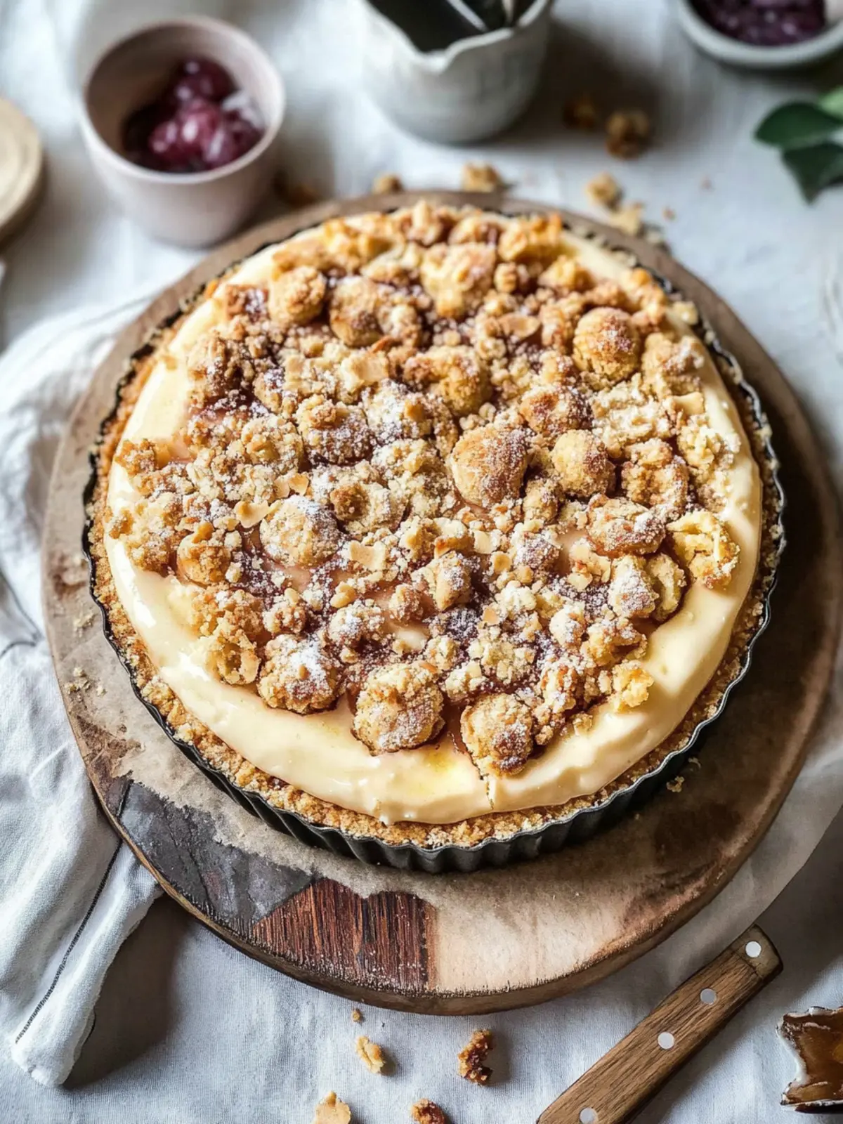 Plum cake with pudding and crumbles