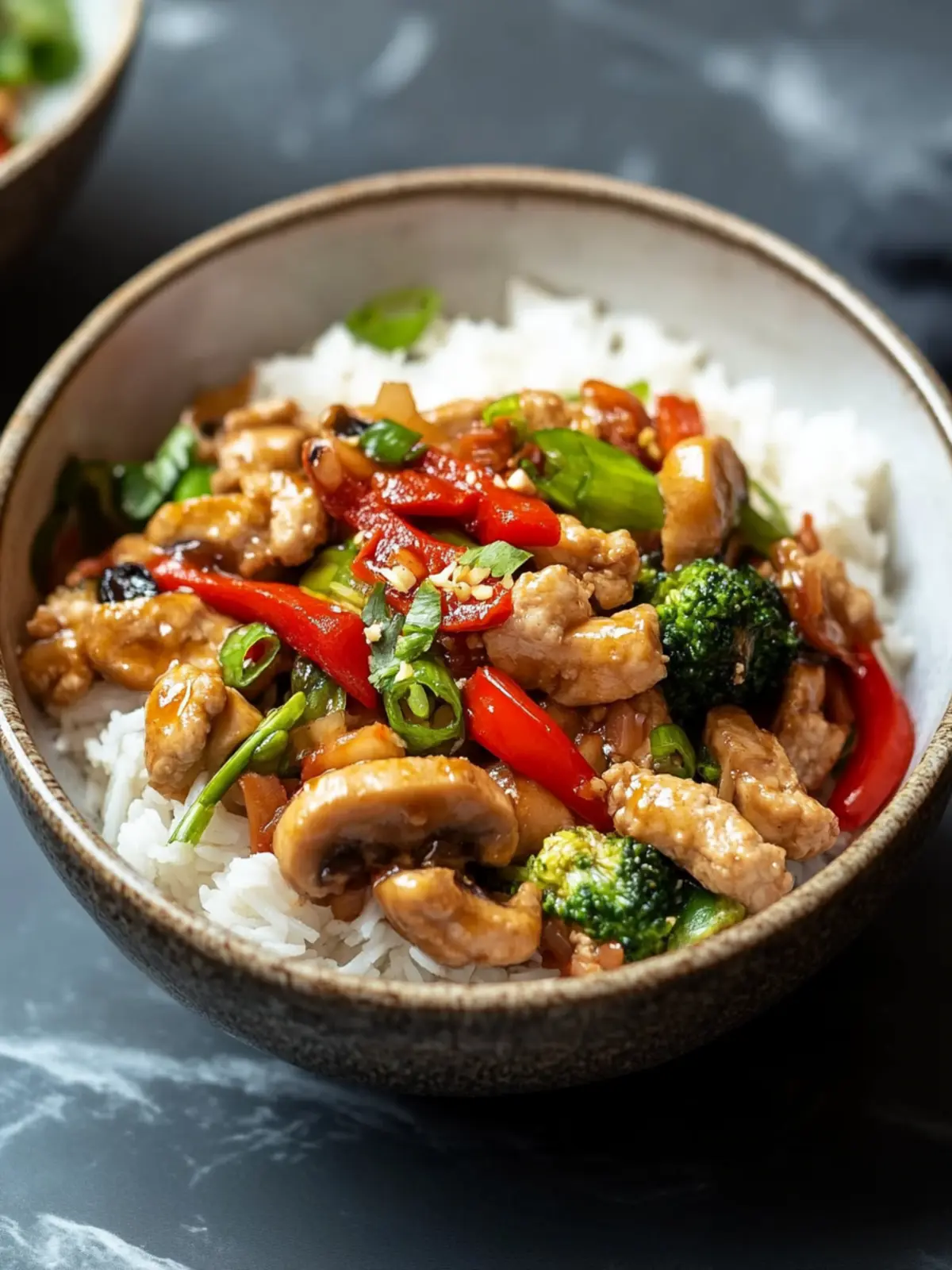 Wok-Gemüse mit gebratener Pute und Reis