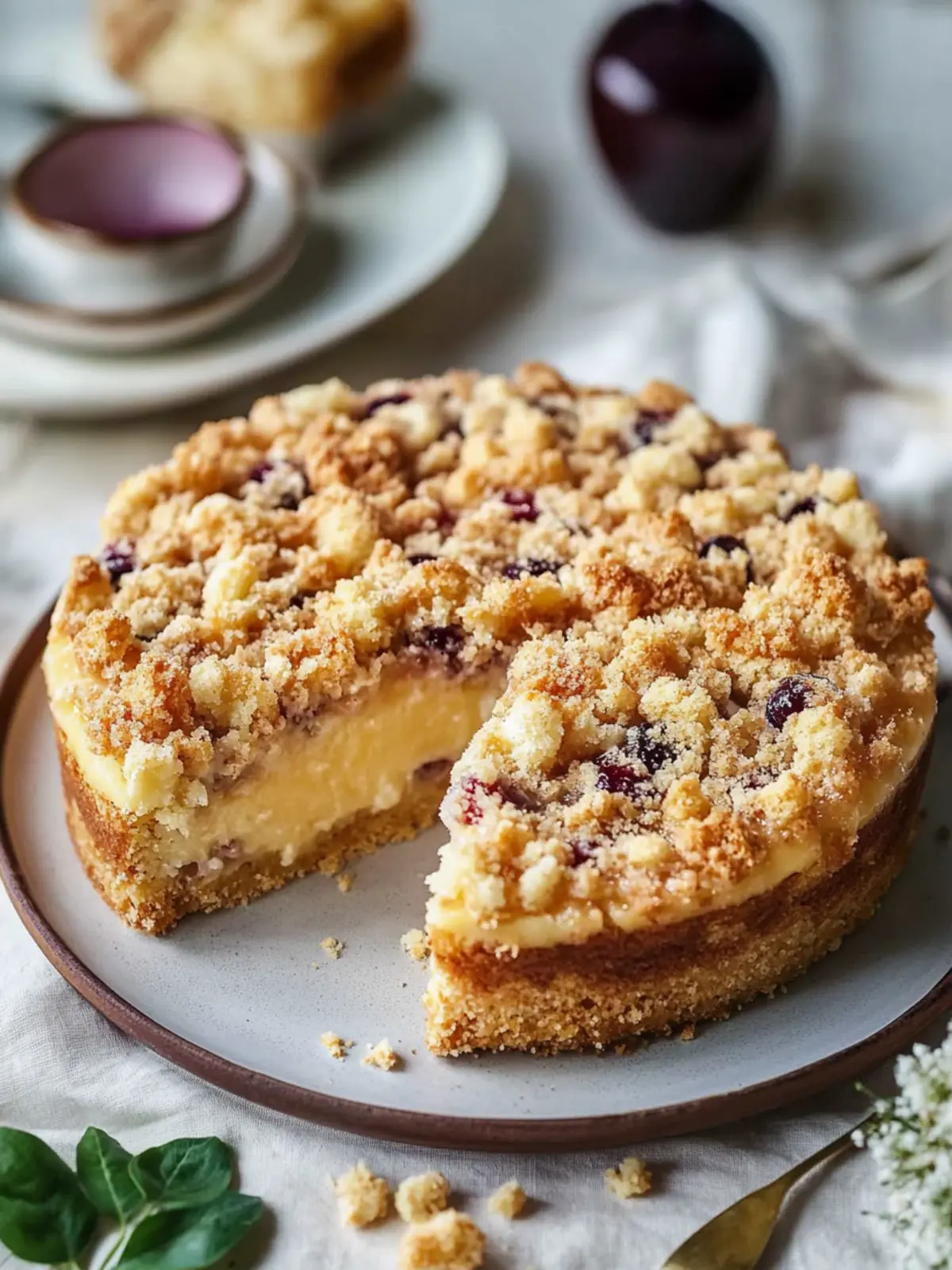 Plum cake with pudding and crumbles
