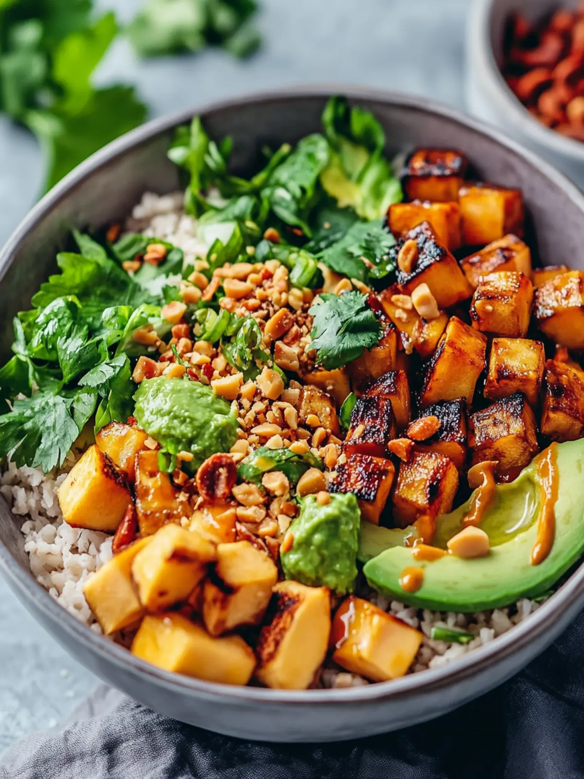 Köstliche Thai Erdnuss Süßkartoffel Buddha Schüssel Rezept