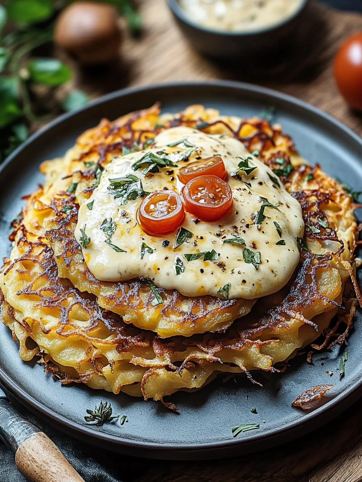 Entdecken Sie Mozzarella-Rösti mit Zwiebel-Pilzrahmsauce