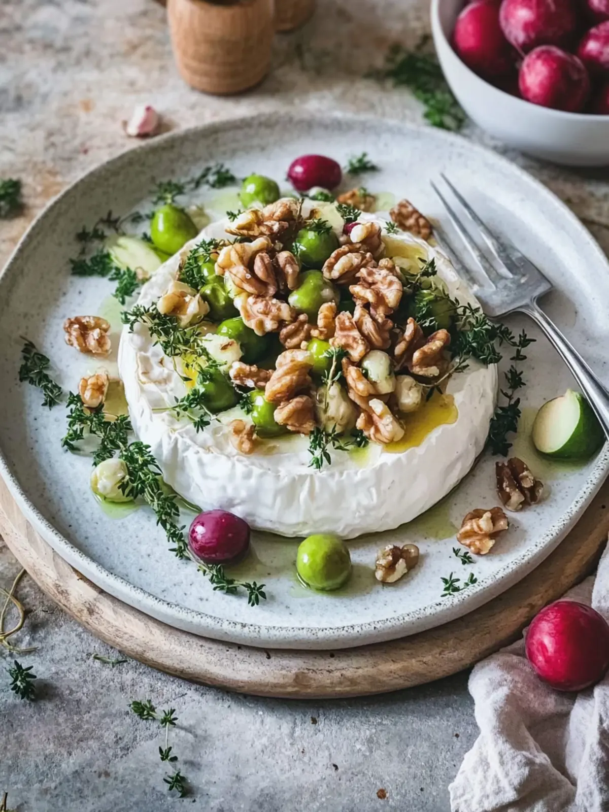 Camembert with walnuts and Brussels sprouts vegetables