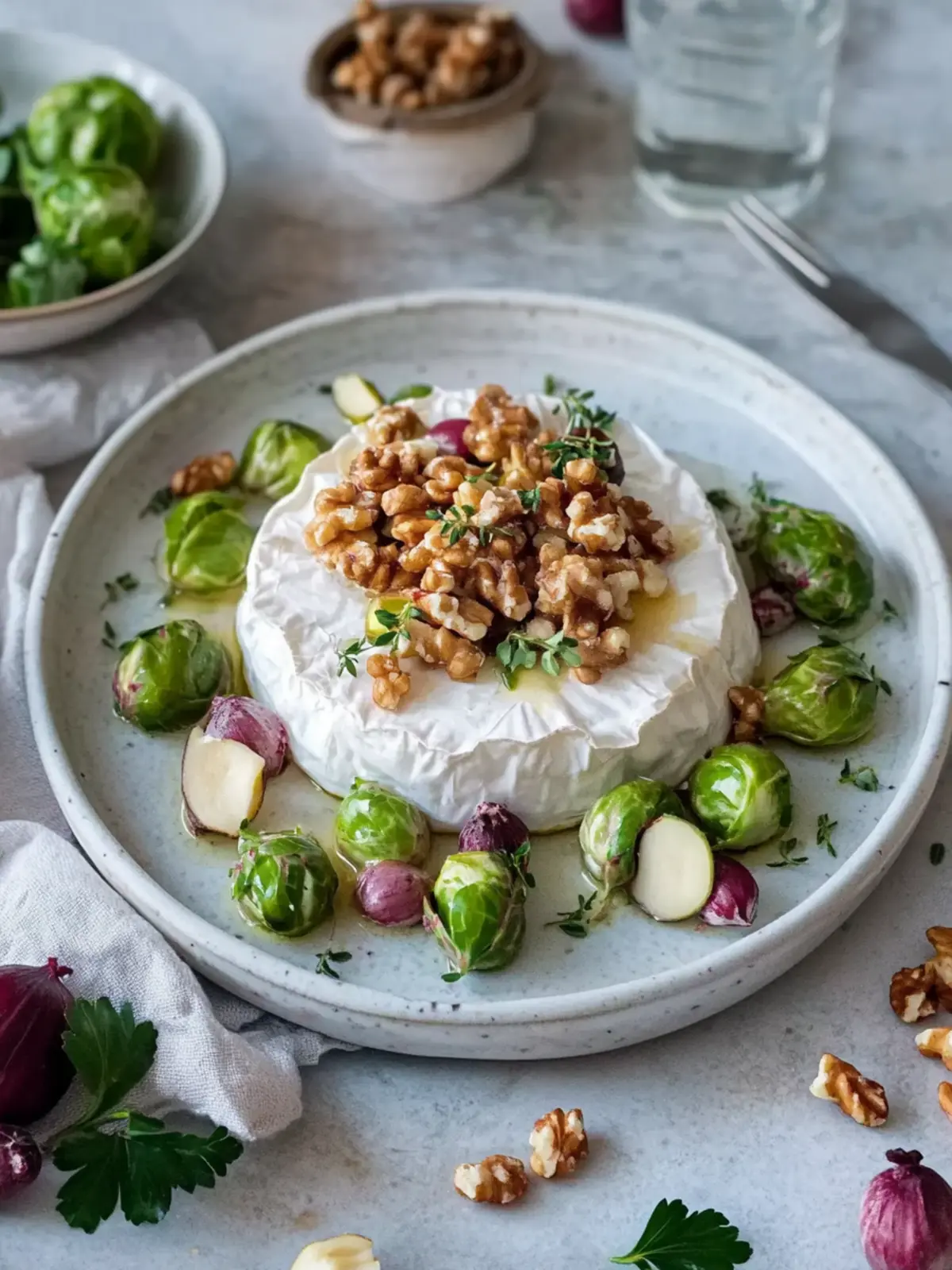 Camembert with walnuts and Brussels sprouts vegetables